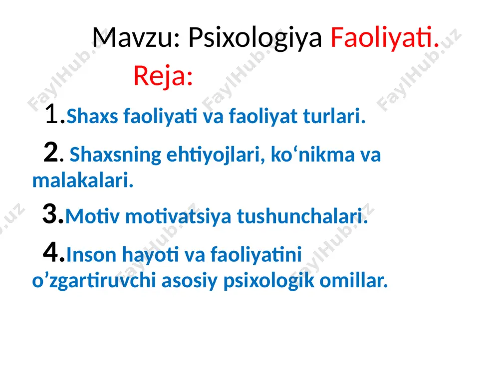 shunchalari bilan chambarchas bog’liq bo’lib, shaxs va uning ongi masalasiga borib taqaladi. shaxs aynan turli faolliklar jarayonida shakllanadi, o’zligini namoyon qiladi ham. demak, faollik yoki inson faoliyati passiv jarayon bo’lmay, u ongli ravishda boshqariladigan faol jarayondir. demak, faoliyatning birinchi farq qiluvchi belgisi uning kishi tomonidan anglanganligi va ma’lum maqsadga yo’naltirilganligidir. ikkinchidan, faoliyat ong va iroda bilan bevosita boglangan bo`ladi. chunki ongsiz yoki irodaviy jarayonlarsiz hech qanday faoliyatni amalga oshirish mumkin emas. demak, faoliyat anglangan maqsad bilan boshqariladigan kishining ichki - psixik va tashki – jismoniy faolligidir. faoliyatdan kutiladigan natija esa psixologiyada-maqsad deyiladi.ya’ni faoliyat- inson ongi va tafakkuri bilan boshqariladigan, undagi turli-tuman ehtiyojlardan kelib chiqadigan, hamda tashqi olamni va o’zini-o’zi o’zgartirish va takomillashtirishga qaratilgan o’ziga xos faollik shaklidir. inson faoliyatining tashqi jabhasi uning atrof - muhitga ta’sir ko’rsatishga mo’ljallangan say - harakatlari psixik jihatga bog’liq bo’lib, ularni motivlashtiradi, bilishga undaydi va boshqaradi. inson shaxsining shakllanishi o‘yin, ta'lim – tarbiya, mehnat, sport …