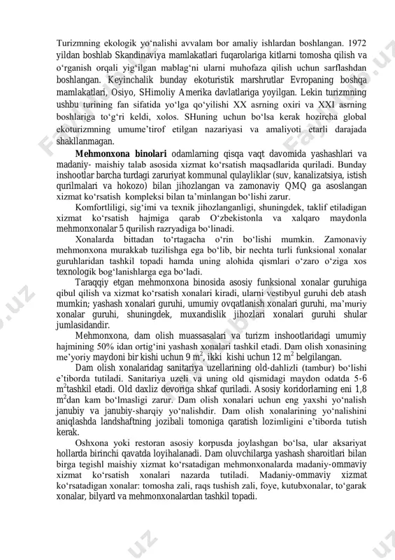 likni o‘rganishda me’moriy-arxeologik uslubda o‘rganishga alohida e’tibor berdi. o‘rta osiyo obidalarini tiklashda b.zasipkinning xizmatlari bor. u ko‘pincha saqlangan qismlarni aniqlash va uni mustahkamlash bilan kifoyalanadi. ba’zan esa oddiygina ochib qo‘yiladi, ya’ni keyingi qatlamlardan tozalanadi», - deb yozgan edi. i.grabar va b.zasipkin arxeologik ta’mirlashning prinsiplarini amalda sinadilar. «me’moriy yodgorlik»ning bugungi tushunchasi. mazkur ibora hozirgi vaqtda xviii — xix asrdagiga nisbatan bir qancha kengroq qo‘llanishi ma’lum. bu tushuncha «yodgorlik» iborasi asosida tuzilgan bo‘lib, biron-bir tuzum. jamiyat insondan boshqasiga o‘tadigan jarayonni anglatadi. yodgorliklar tarixiy, arxeologik, san’at va shu kabi sohalarda, o‘sha soha so‘zi qo‘shib ishlatish vositasida anglashiladi. masalan, tarixiy yodgorlik, arxeologiya yodgorligi, san’at yodgorligi, me’moriy yodgorlik va boshqalar. turizmning ekologik yo‘nalishi avvalam bor amaliy ishlardan boshlangan. 1972 yildan boshlab skandinaviya mamlakatlari fuqarolariga kitlarni tomosha qilish va o‘rganish orqali yig‘ilgan mablag‘ni ularni muhofaza qilish uchun sarflashdan boshlangan. keyinchalik bunday ekoturistik marshrutlar evropaning boshqa mamlakatlari, osiyo, shimoliy amerika davlatlariga yoyilgan. lekin turizmning ushbu turining fan …
