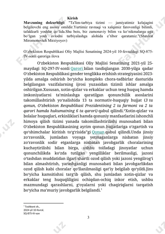 ohalarda ularga teng imkoniyatlar yaratish uchun gender tadqiqotlari muhim vosita hisoblanadi. kurs ishining maqsadi:oʻzbekistonda gender tadqiqotlarining istiqbolini o‘rganish. kurs ishining o‘rganilganlik darajasi: o‘zbekiston hududidagi gender tadqiqotlari, ularning rivojlanishi va istiqbollari haqida o‘zaro bog‘langan ilmiy adabiyotlar, hukumat siyosati va xalqaro tajribalar asosida chuqur tahlilni o‘z ichiga oladi. tadqiqotlar orqali gender tenglik, ayollarning huquqlari, iqtisodiy va siyosiy ishtiroki kabi masalalar o‘rganildi. gender tadqiqotlarining o‘zbekistondagi holati, bu sohadagi ilmiy yondashuvlar va ijtimoiy ehtiyojlar tahlil qilindi. kurs ishi nafaqat mavjud holatni, balki ushbu sohadagi kelajak istiqbollarini ham o‘rganishga qaratilgan. kurs ishining vazifalari: 1 gender muammosini horij psixolog olimlari tadqiqotlarida ilmiy, nazariy jihatdan oʻrganilganligi. 2 oʻzbekistonda gender tadqiqotlarini shaxs ijtimoyilashuviga oʻzaro taʼsiri. 3 talabalar oʻrtasida gender tenglik muammolarini psixodiagnostik oʻrganish. 4 o'smir yoshdagi o'quvchilarni ijtimoiylashuv jarayonini shakllantiruvchi psixokorreksion imkoniyatlar. kurs ishining predmeti: o‘zbekiston respublikasida gender tadqiqotlarining istiqbollari va bu sohadagi ilmiy va ijtimoiy rivojlanishdir. tadqiqotda gender tenglik, ayollarning huquqlari, ularning ijtimoiy, iqtisodiy va siyosiy rollari, …