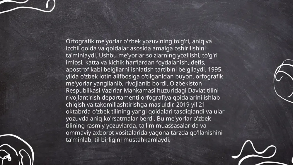 ko‘plab frazemalar mavjud, ular milliy o‘ziga xoslikni aks ettiradi. masalan, "tilga o‘ralmoq" yoki "suvdan quruq chiqmoq" kabi frazalar keng tarqalgan. frazeologik me’yorlar adabiy til doirasida foydalanilganda, ular nutqni yanada boyitib, ifodali qiladi. tilshunoslikda frazeologik birliklar doimo tadqiq etilib, ularning kelib chiqishi, qo‘llanilishi va o‘zgarishlari o‘rganiladi. ... t.me/slaydai_bot uslubiy me'yorlar, odatda, ma'lum bir tilda to'g'ri yozishni ta'minlash uchun qo'llaniladigan qoidalar to'plamidir. ular, grammatika, imlo, punktuatsiya va stilistik qoidalardan iborat. o'zbek tilining uslubiy me'yorlari o'zbekiston respublikasi oliy va o'rta maxsus ta'lim vazirligi tomonidan belgilangan. masalan, "o‘zbek tilining imlo qoidalari" davlat standartiga muvofiq qo'llaniladi. me'yorlarga rioya qilish rasmiy hujjatlar, ilmiy ishlar va adabiyotlarda alohida ahamiyatga ega. 2021-yilda o'zbek tilining yangi alfavit loyihasi e'lon qilindi va unda ba'zi harflar yengillashtirildi. o'zbek tilida kirill va lotin alifbosi birdek qo'llanilishi mumkin, lekin 2023-yilga kelib rasmiy ishlar lotin grafikasida olib borilishi rejalashtirilgan. ... t.me/slaydai_bot 10. stilistika me'yorlari stilistik me'yorlar tilshunoslikda muhim o‘rin tutadi. ular tilning to‘g‘ri ishlatilishini …