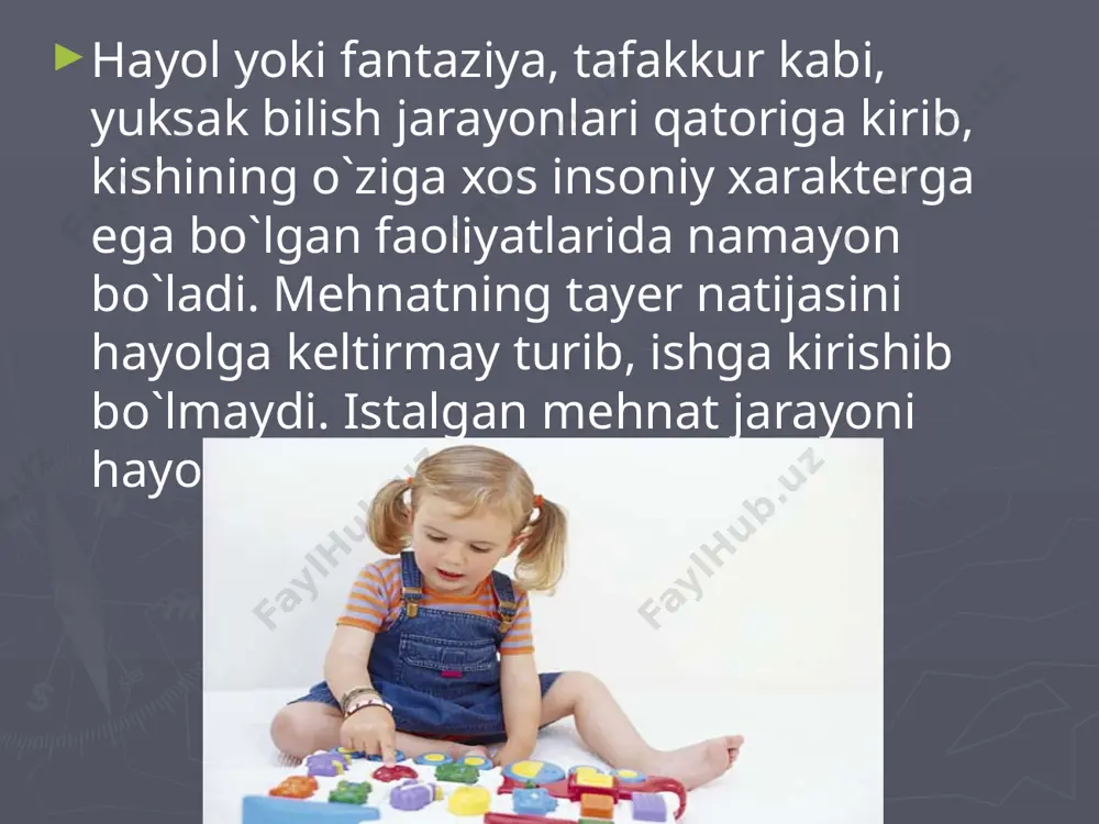 ollarga berilish hammaga xos. passiv xayol ixtiyorsiz ravishda ham yuzaga kelishi mumkin. xayolning bu turi asosan ong faoliyatining, ikkinchi signallar tizimining susayishida, odamning vaqtinchalik harakatsizlik holatida, uyqisirash holatida, affekt holatida, uyqida (tush ko’rish), ongning kasallikka uchrab buzilishida (gallyutsinatsiyada) va shu kabilarda sodir bo’ladi. passiv xayolning aksi bo’lgan aktiv xayol ijodiy va qayta tiklovchi xayol turlariga bo’linadi. ma’lum bir asosga, yozuvlarga, chizmalarga asoslanib ularga muvofiq keladigan obrazlar tizimini yaratuvchi xayol qayta tiklovchi xayol deyiladi. ijodiy xayol qayta tiklovchi xayoldan farq qilgan holda, orginal va qimmatli moddiy mahsulotlarda amalga oshiriladigan yangi obrazlarni yaratish. xayol (fantaziya) obrazlari qanday yaratiladi? xayol jarayonlari ham idrok, xotira, tafakkur kabi analitik va sintetik xarakterga ega. analiz idrok va xotiradek ob’ektning ayrim umumiy belgilarini ajratish va saqlash hamda muhim bo’lmagan belgilardan chetlashish imkoniyatini beradi. analiz va sintez xayol jarayonida boshqacha o’ringa va yo’nalishga ega. chunki xayol jarayonida yangi, avval bo’lmagan obrazlar, tasavvurlar yaratiladi. agglyutinasiya. agglyutinatsiya - kundalik hayotimizda …