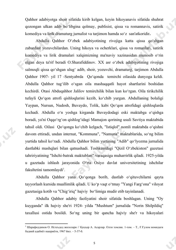 . abdulla qahhor 30-yillarda yana toshkentga qaytadi va o‘rta osiyo davlat universitetining pedagogika fakultetiga o‘qishga kiradi. yozuvchi o‘sha paytda "sovet adabiyoti" jurnalida mas'ul kotib vazifasini bajaradi. keyinchalik u o‘z davr nashr (1935-1953 yillar)da muharrir va tarjimon, 1954-1956 yillarda o‘zbekiston yozuvchilar uyushmasi boshqaruvining raisi bo‘lib ishlagan. abdulla qahhorning ijodi she'riyat bilan boshlangan bo‘lsada, uning adabiy merosi negizini nasriy asarlari tashkil etadi. "boshsiz odam" hikoyasi 1929-yilda chop etilgan vaqtdan boshlab, umrining oxirigacha hikoya, ocherk, publisistika, qissa va roman janrlarida samarali ijod qildi[footnoteref:2]. [2: зиёдуллаева н. ўзбек адабиётшунослигида ижодкор биографиясини ўрганиш муаммолари (абдулла қаҳҳор ҳаёти ва ижоди асосида). фил.фанл.номз... дисс.автореферати. – т., 2000. – 26 б. ] adibning birinchi "qishloq hukm ostida" qissasi 1932- yili chop etilgan. keyinchalik 1933- yilda "olam yosharadir", "qotilning tutilishi", 1935-yilda "qanotsiz chittak", 1936- yilda "maston" kabi hikoyalari to‘plamlari nashrdan chiqdi. abdulla qahhorning 30-yillar ijodida uning birinchi romani - "sarob" muhim o‘rinni egallaydi. yozuvchining ushbu romani bosh qahramon saidiyning …