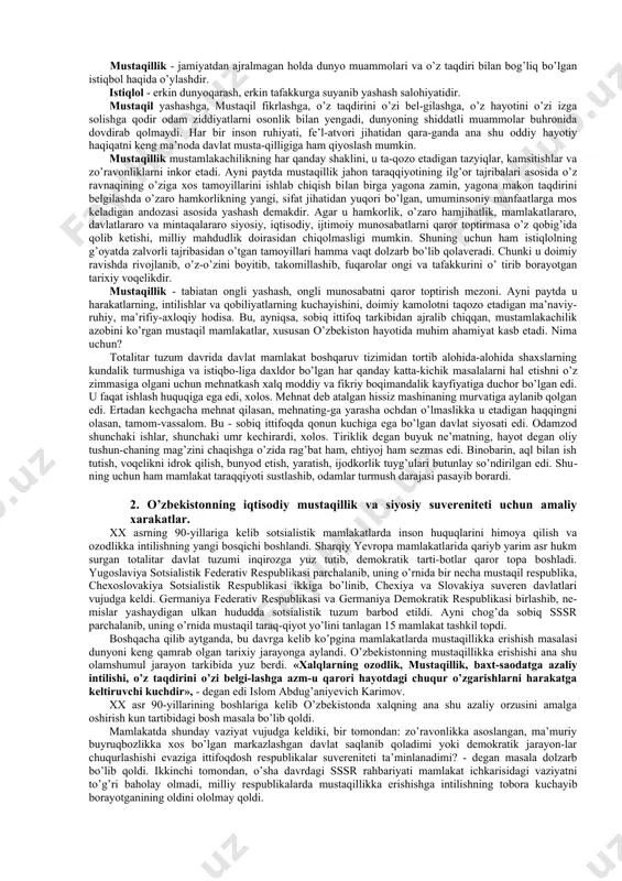 lan varaqlash hammamiz uchun ham qarz, ham farz», - deganda xalqimiz tarixiy qismatidan saboq olishni, otalar tajribasini o’rganishni nazarda tutadi. zotan, xalqimizning uzoq tarixi ozodlik, istiqlol uchun tinim-siz kurash davridir. turkiston o’zining keyingi bir yarim ming yillik tarixida bor-yo’g’i 376 yil hur mamlakat rutbasida bo’lgan (b.ahmedov). boshqa paytlar esa bosqinchilar zulmi ostida kun kechirgan. shundan ham ko’rinib turibdiki, turkiston tarixiy rivojlanishning hamma bosqichlarida turli shaklda bo’linishlarga, uning xalqi o’zgalar tomonidan tahqirlanishga, kamsitilishlarga duchor bo’lgan. xalqimiz-ning grek, makedoniyaliklar zulmiga, arablar istilosiga, mo’g’ul bosqinchiligiga va nihoyat chorizm mustamlakachiligiga qar-shi olib borgan milliy-ozodlik harakatlari tarix sahifalarida abadiy qolgan. ayni chog’da yaqin tariximizda, sovet hokimiyati yillarida o’zbekistonning markazga tobeligiga qarshi, aniqrog’i, shu davrda o’zbekistonning milliy mustaqillikka erishishi uchun tarixiy vazi-yatga qarab goh oshkora, goh yashirin tarzda olib borgan kurashlari-ni qator manbalar orqali tobora chuqurroq bilib boryapmiz. bir so’z bilan aytganda xalqimiz azal-azaldan o’z fikri-zikri bilan mustaqil, ozod, erkin yashash uchun tinimsiz intilgan. xo’sh, mustaqillikning …