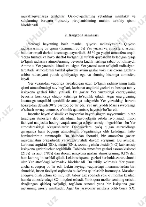 hlagan. afrikadagi buyuk yoriq vodiysidagi eng qadimgi ajdodlarimiz daraxtlarda yashashga moslashgan edilar. lekin iqlimning uzoq vaqt davom etgan o’zgarishlari natijasida daraxtlar o’t-o’simliklar bilan almashgan. eng qadimgi ajdodlarimiz oilalari o’zlari moslashgan sovuqroq va quruq yalang tekislikka o’tib, yirtqichlar yetishi mumkin bo’lgan sharoitga tushib qolganlar. ana shunday qirilib ketishi mumkin bo’lgan sharoitda ikki evolyusion sakrash yo’li bilan moslashib olganlar: birinchisi, uzoq masofalarga tik yurib bora oladigan, qo’llari bola va oziqni tashish uchun bo’sh bo’lgan mavjudotlarga va undan keyin katta aqliy imkoniyatlarga ega bo’lgan, mehnat va ov qurollarini ishlata oladigan, ham go’sht va o’simlik yeydigan mavjudotlarga aylanganlar. ikkinchisi - aql qobiliyati bo’lgan mavjudotlar dastlabki odam deb qaralgan. inson keyinchalik moslasha borib ko’chib yurib, yanada kuchli bo’lib iqlim o’zgarishlariga moslashgan. muzlik davrida quruqlik ko’priklari orqali osiyodan amerikaga va tinch okeani orollariga ko’chib o’tganlar. bu ketma-ket ko’chishlarda albatta falokatlar ham bo’lgan. bu falokatlarning ayrimlari unchalik kuchli bo’lmagan. oxirgi yuz yilliklar va ayniqsa, xx asrning xususiyati …