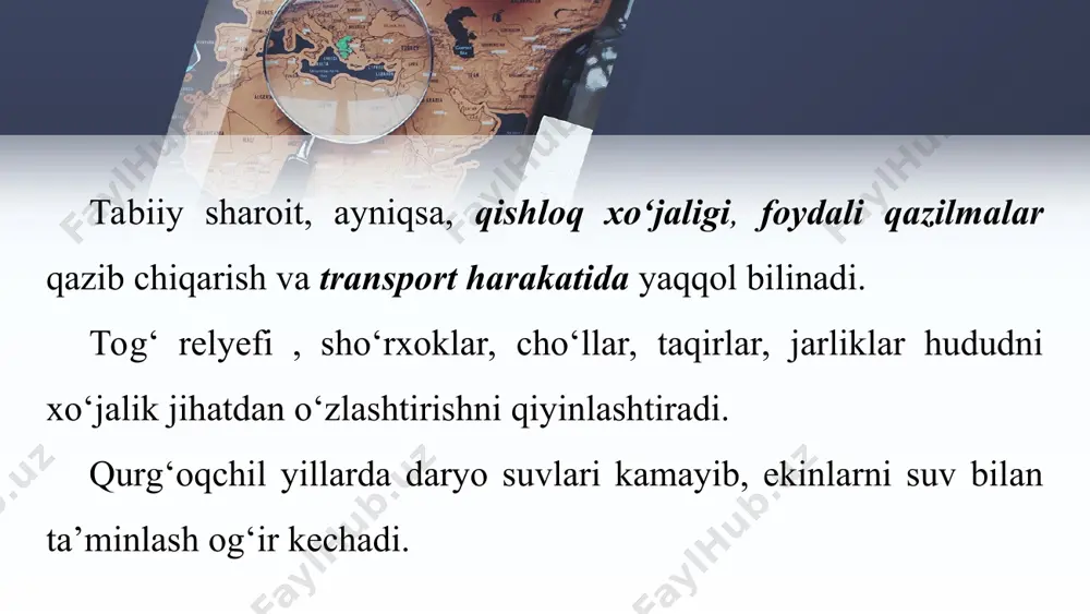 , ayrim sanoat rayonlari hududida havo tarkibidagi kislorod aholi ehtiyojini qondira olmayapti. holbuki, kislorod manbayi bo‘lgan o‘simliklar o‘nlab yillarda tiklanadi. unumdor tuproq esa undan ham sekin tiklanadi. this presentation uses a free template provided by fppt.com www.free-power-point-templates.com o‘lkamiz hududi qishloq xo‘jalik mahsulotlarini yetishtirish uchun qulay iqlim sharoitiga ega. bu agroiqlimiy boyligi tugamaydigan tabiiy boylikdir. mamlakatimiz hududi bitmas-tuganmas quyosh energiyasi boyligiga ega. quyosh energiyasi tugamaydigan tabiiy boylikdir. quyoshdan kelayotgan issiqlikni elektr energiyasiga aylantirish istiqbollari juda kattadir.