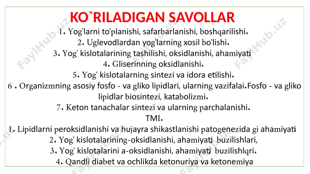 genaza (kofermenti nad) ta’sirida degidrogenlanishi natijasida β−ketoatsil-koa hosil bo‘ladi. tiolaza ta’sirida β−ketoatsil-koa atsil-koa va atsetil-koaga parchalanadi. hosil bo‘lgan atsil-koa dastlabki atsil koadan ikkita uglerodi kamligi bilan farq qiladi va u yana qaytadan bir necha marta β−oksidlanishi orqali atsetil-koaga parchalanadi: yog‘ kislotalarining β- oksidlanishi yog‘ kislotalarining β− oksidlanishi tarkibida n-ta atom uglerod tutuvchi yog‘ kislota (n1) marta β− oksidlanib n-ta atsetil-koa hosil bo‘ladi. β-oksidlanishning har bir siklida hosil bo‘lgan fadh2 va nadh2 hisobiga 5 molekula atf sintezlanadi. ana shu asosda har bir molekula yog‘ kislotaning β− oksidlanishi jarayonida hosil bo‘ladigan atf sonini hisoblash mumkin. yog‘ kislotalarining β- oksidlanishi masalan, palmitat kislota 7 marta β−oksidlanishi natijasida 5x7=35 ta atf va 8 molekula atsetil-koa hosil bo‘ladi. ularning krebs halqasida(8 ta reaksiya yopiq sikl) to‘liq parchalanishidan 8x12=96 atf sintezlanadi. shunday qilib, bir molekula palmitat kislota to‘liq parchalanganda 35+96=131 molekula atf sintezlanadi. yog‘ kislota faollanishi uchun sarflangan 1 mol atf hisobga olinsa, organizm uchun 130 …