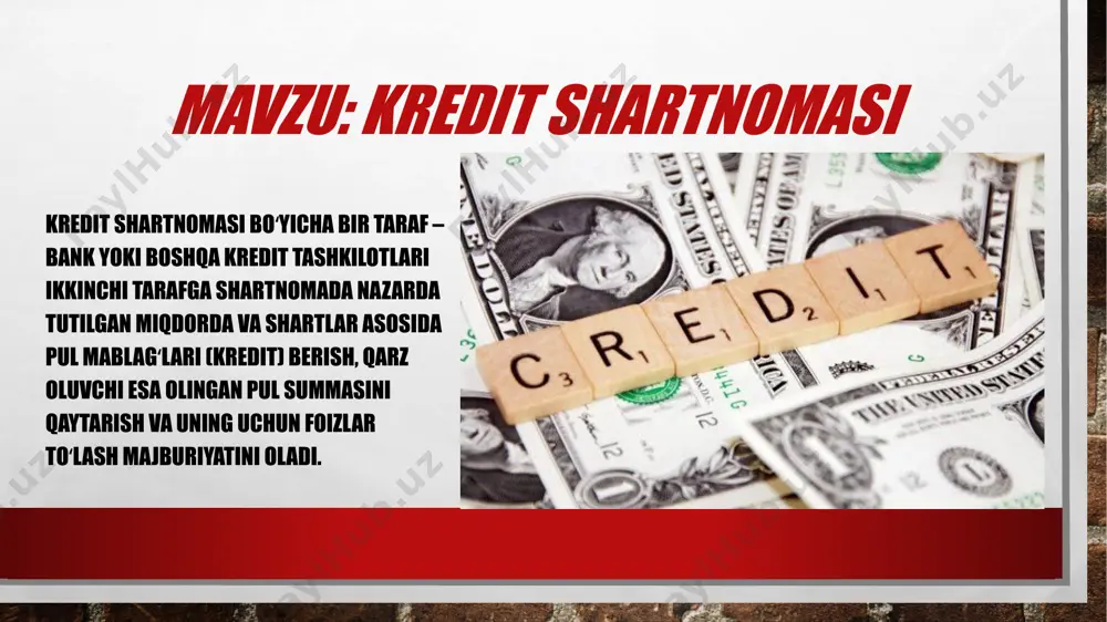 shartnomada berilayotgan ashyolarning: miqdori, assortimenti, toʻliqliligi, idishi yoki oʻrami haqida shartlari oldi-sotdi shartnomasiga muvofiq bajarilishi shart. tijorat krediti bajarilishi uchun pul summalarini yoki turga xos alomatlari bilan belgilanadigan boshqa ashyolarni ikkinchi tarafga mulk qilib topshirish talab qilinadigan shartnomalarda agar qonunchilikda boshqacha hol belgilab qoʻyilmasa, kredit berish shu jumladan boʻnak, oldindan haq toʻlash,tovarlarga ishlar yoki xizmatlarga haq toʻlashni kechiktirish va boʻlib boʻlib toʻlash shaklidagi kredit berish tijorat krediti deyiladi oʻzbekiston respublikasi bank va bank faoliyati toʻgʻrisidagi qonunning 62-moddasida kreditlar, depozitlar boʻyicha foiz stavkalari va bank operatsiyalariga oid vositachilik haqi bank tomonidan mustaqil belgilanadi. ushbu qonunning 63-moddasi. kreditlarning qaytarilishini taʼminlash: banklar, garov, kafolat, kafillik majburiyatlari asosida va boshqa usullar orqali kredit beradi. yuridik shaxslarning ustav fondidagi aksiyalar hamda ulushlar bank tomonidan taʼminot sifatida qabul qilinishi mumkin emas. qarzdorni toʻlovga qobiliyatsiz deb eʼlon qilish bank qarzdorni toʻlov toʻlash majburiyatini bajarmayotganligi toʻgʻrisida ish qoʻzgʻatish haqida ariza bilan iqtisodiy sudga murojaat qilishga haqli. bugungi kunda …