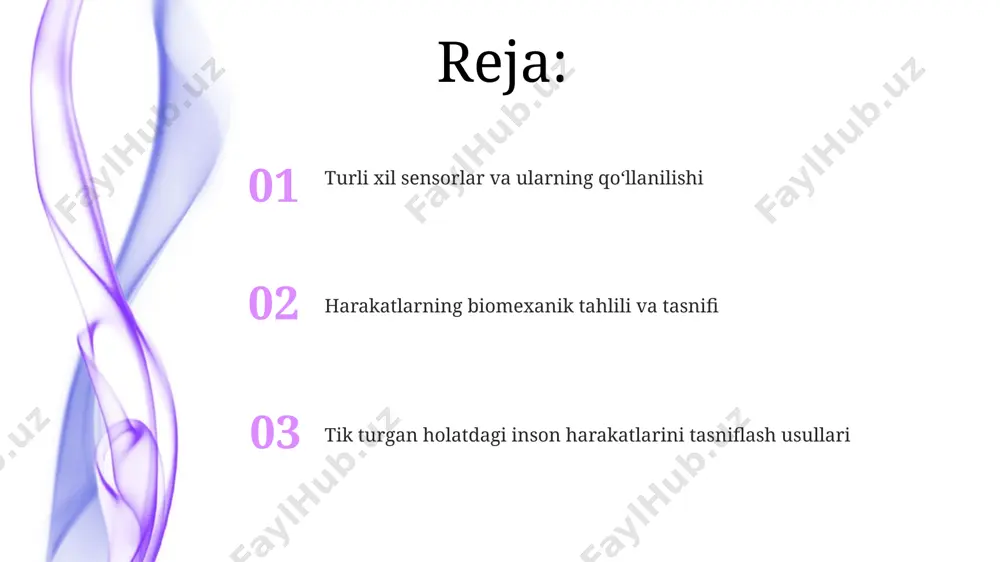 g 20 daraja burchak ostida harakatlari, dinamik harakatlar toifasiga kiradi va samarqanddagi olimlar tomonidan o'rganilgan. turli yuzalar (masalan, tekis va notekis)da 5 xil turdagi muvozanatli pozitsiyalarni aniqlash, 80% ishonchlilik darajasiga erishildi va bu ma'lumotlar buxoroda o'tkazilgan tajribalar asosida olingan. harakatlarni tasniflash uchun ishlatiladigan asosiy parametrlar harakatlarni tasniflashda inson tanasining 3 o'lchovli fazoviy koordinatalari (x, y, z) va 17 ta asosiy qo'shimchalar burchaklari, masalan, tizza, tirsak va yelka burchaklari o'lchanadi, bu esa harakatlarni aniqroq tasniflashga yordam beradi. turli xil harakatlarni tasniflashda, 5 ga yaqin turdagi sensorlardan olinadigan ma'lumotlar, shu jumladan, inersial sensorlardan olinadigan ma'lumotlar va germaniyada ishlab chiqarilgan kuch sensorlari ma'lumotlari qo'llaniladi. kelajakdagi tadqiqot yo'nalishlari yurishning 5 xil buzilishini aniqlash uchun, samarqand shahridagi 100 nafar nogironlar bilan ishlash orqali, real vaqt rejimida harakatlarni tasniflash tizimini yaratish istiqbollari o‘rganilishi kerak. kelajakdagi tadqiqotlar turli xil sensorlardan (masalan, 10 ta imu sensori) foydalanib, turli yoshdagi (18-65 yosh) 500 nafar ishtirokchi bilan toshkent shahrida o‘tkazilishi …