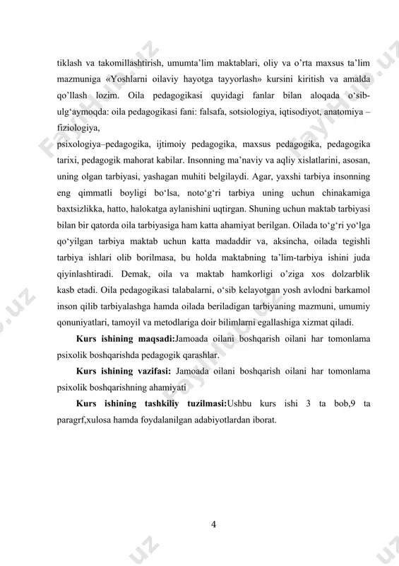 qarashlar. kurs ishining vazifasi: jamoada oilani boshqarish oilani har tomonlama psixolik boshqarishning ahamiyati kurs ishining tashkiliy tuzilmasi:ushbu kurs ishi 3 ta bob,9 ta paragrf,xulosa hamda foydalanilgan adabiyotlardan iborat. jamoa haqida tushunchasi va uning mohiyati. 1.1. jamoa haqida tushuncha, uning xususiyatlari va vazifalari. jamoa (lotincha «kollektivus» so‘zining tarjimasi bo‘lib, yig‘ilma, omma, birgalikdagi majlis, birlashma, guruh) bir necha a’zo (kishi)lardan iborat bo‘lib, ijtimoiy ahamiyatga ega umumiy maqsad asosida tashkil topgan guruh demakdir. turkiyzabon xalqlarda, jumladan o‘zbeklarda jamoa azaldan ijtimoiy birlikni anglatib kelgan. odamlarning jamoa bo‘lib yashashi zaruriyatini suqrot, platon, aristotel, markaziy osiyo mutafakkirlari forobiy, beruniy, ibn sino, ulug‘bek, alisher navoiy va boshqalar ilmiy asoslab berganlar. ayniqsa, buyuk faylasuf olim abu nasr forobiy o‘zining asarlarida jamoa bo‘lib yashashga tabiiy moyillik inson turmush tarzining mazmunini tashkil etishini uqtiradi. forobiy bu haqda quyidagi fikr-mulohazalarni bayon etgan: «har bir inson o‘z tabiati bilan shunday tuzilganki, u yashash va oliy darajadagi etuklikka erishmoq uchun ko‘p narsalarga muhtoj …