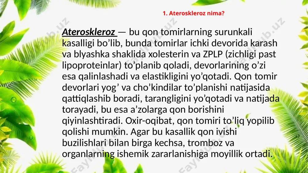 oplastika. usulning mohiyati shundaki, son arteriyasiga maxsus kateter kiritiliadi va kamera nazorati yordamida, endoskopist tomonidan qon tomiri bo’ylab shikastlangan hudugacha olib boriladi. shundan so’ng tomir devorini tozalash yoki kengaytirish uchun kerakli manipulyatsiyalar qilinadi. 10. aterosklerozning oldini olish organizmni qo’llab quvvatlash va aterosklerozni oldini olish uchun tarkibida tuz va xolesterin bo’lgan ovqatlarni kamroq yeyish kerak. ko’proq yormalar, sabzavotlar, qaynatilgan baliq, qatiq, kungaboqar moyi va, albatta, har qanday mevalarni iste’mol qiling. aterosklerozda tana vaznini tartibga solish zarur chora hisoblanadi, chunki semizlik qon tomir asoratlarni keltirib chiqaradi va lipid almashinuvining buzilishi bilan tavsiflanadi. vaznni kamaytirish uchun optimal yog’ miqdori bo’lgan past kaloriyali parhezlar va jismoniy faoliyat sog’lik va yoshning umumiy holatini hisobga olgan holda oshirilishi kerak. uni eng xavfsiz bo’lgan jismoniy faoliyat turi — yurishdan boshlash mumkin. mashg’ulotlar haftasiga kamida uch-to’rt marta, 35-40 daqiqa davomida bo’lishi kerak. image1.jpeg image2.jpeg image3.jpeg image4.jpeg image5.jpeg image6.jpeg image7.jpeg image8.jpeg image9.jpeg image10.jpeg image11.jpeg image12.jpeg image13.jpeg