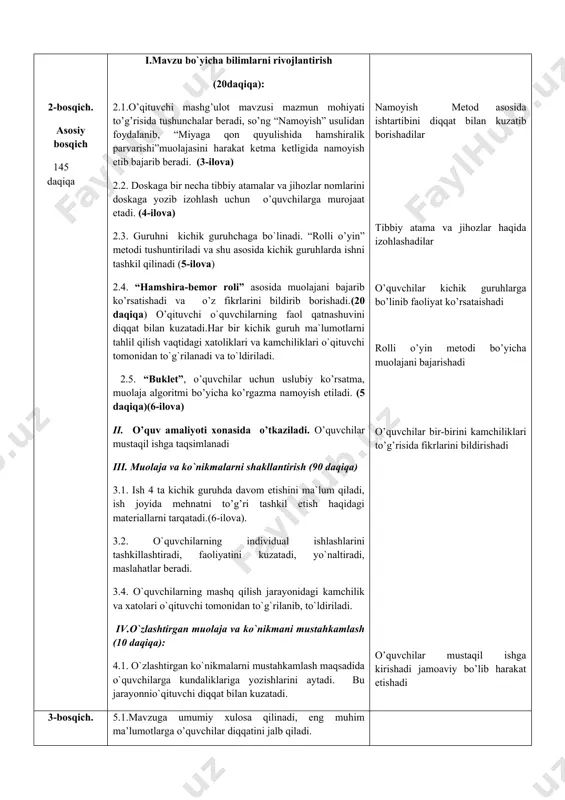 va xatolari o`qituvchi tomonidan to`g`rilanib, to`ldiriladi. iv.o`zlashtirgan muolaja va ko`nikmani mustahkamlash (10 daqiqa): 4.1. o`zlashtirgan ko`nikmalarni mustahkamlash maqsadida o`quvchilarga kundaliklariga yozishlarini aytadi. bu jarayonnio`qituvchi diqqat bilan kuzatadi. namoyish metod asosida ishtartibini diqqat bilan kuzatib borishadilar tibbiy atama va jihozlar haqida izohlashadilar o’quvchilar kichik guruhlarga bo’linib faoliyat ko’rsataishadi rolli o’yin metodi bo’yicha muolajani bajarishadi o’quvchilar bir-birini kamchiliklari to’g’risida fikrlarini bildirishadi o’quvchilar mustaqil ishga kirishadi jamoaviy bo’lib harakat etishadi 3-bosqich. yakuniy bosqich (10daqiqa) 5.1.mavzuga umumiy xulosa qilinadi, eng muhim ma’lumotlarga o’quvchilar diqqatini jalb qiladi. 5.2.guruh ishlarini baholarini e’lon qiladi. guruhni baholash mezoni tanishtiriladi. 5.3.test yechish uchun qog’oz tarqatiladi. tushuncha beriladi.(7-ilova) test savollarini baholash natijasi (max 2 ball) keying darsda e’lon qilinishi aytiladi. 3.4.mustaqil ishlash uchun ma’ruzadagi keying mavzuni uchta rejasini o’qib kelish topshiriladi. diqqat qiladilar. vazifani yozib oladilar. ( parkinsonism kasalligi sababi ) ( alsgeymer kasalligi ni o’rta bosqicida ) ( alsgeymer kasalligi ni erta bosqicida ) miyaga qon quyilishi sabablari: miyaga …