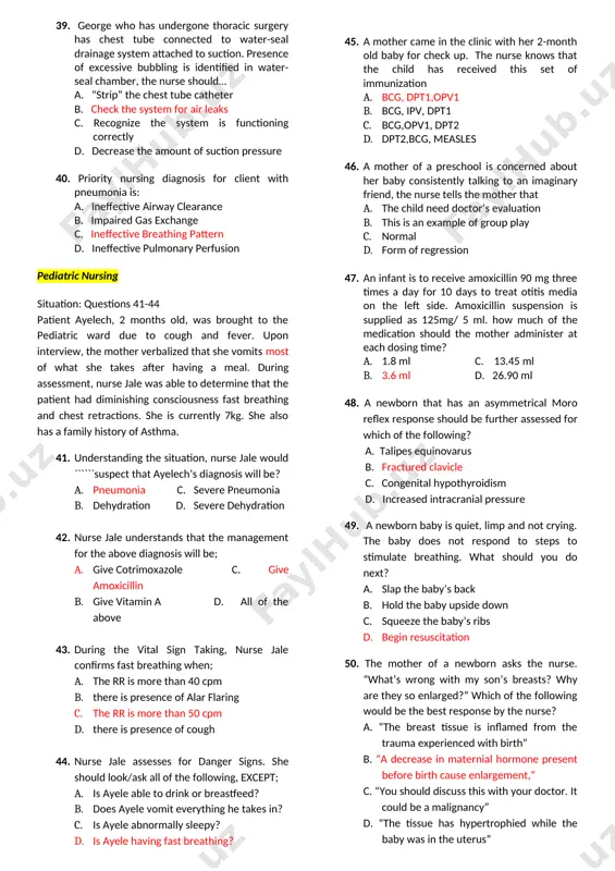 20 ml d. 2500 ml 23. in a patient with full thickness burn injury, gastrointestinal medication is prescribed. the primary action of this medication is which of the following? a. to prevent the onset of a curling's ulcer b. to treat a preexisting duodenal ulcer c. to ensure adequate peristalsis d. for the antiemetic properties 24. one of the family histories of disease has least importance in the diagnosis of atopic dermatitis a. history of asthma b. history of tuberculosis c. history of allergic rhinitis d. history of atopic dermatitis 25. the first hiv related opportunistic disease that had been seen among homosexual individuals and helped in the clear isolation of hiv virus to be the causative agent for aids is: a. pneumocystis jiroveci pneumonia b. kaposi’s sarcoma c. lymphadenopathy d. pulmonary tuberculosis 26. a 4th year nursing student is preparing a school teaching plan for grade 10th students at …
