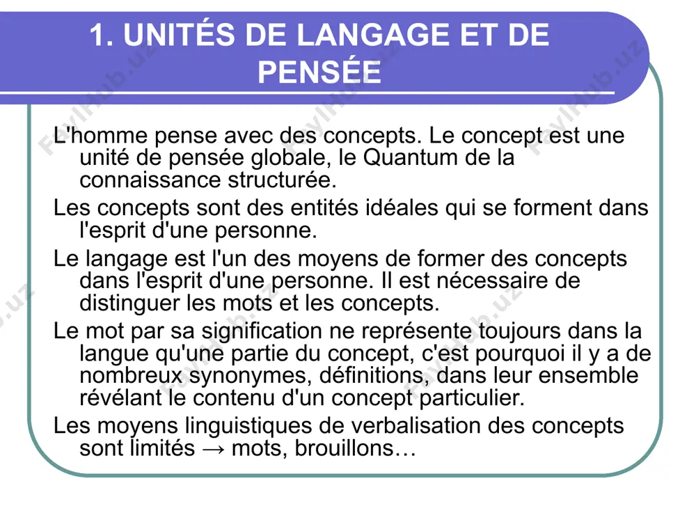 dié sur la base de la polysémie du mot, en tenant compte des relations entre les différentes significations, en tenant compte de leurs liens avec la réalité objective et les concepts existants. relations entre les différentes significations du mot 2. les différentes significations du mot sont également liées par des relations systémiques. par exemple, canard (n. m.) a les valeurs suivantes: a. oiseau aquatique b. viande de cet oiseau c. fausse nouvelle d. journal e. fausse note criarde f. morceau de sucre trempé dans le café, l’alcool, etc. g. (loc.) un « vilain petit canard » (le moins beau d’un groupe) structure radiale " canard» choix du concept les classifications dans les différentes branches de la connaissance sont de nature hiérarchique (biologie: animal, mammifère, félin, chat, siamois). dans de telles classifications, il existe un niveau d'abstraction maximale (animal), un niveau intermédiaire (base) (chat) et un niveau de concrétisation (siamois). 4. …