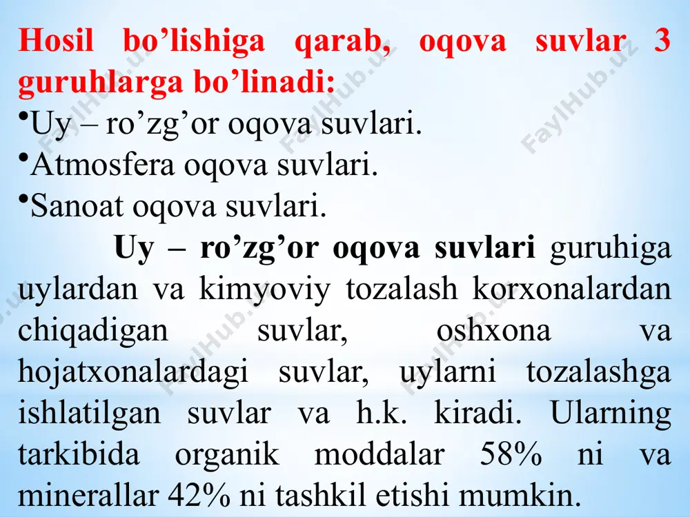 y tozalash usuli. oqova suvlarni kimyoviy tozalash usuli. oqova suvlarni biokimyoviy tozalash usuli. oqova suvlarni issiqlik ta`sirida tozalash usuli. yirikligi 10-6m da kam bo’lgan zarrachalar og’irlik kuchi ta’sirida cho`kmaga tushmaydi, shuning uchun ularni avval yiriklashtirib keyin cho`kmaga tushirish kerak. mayda dispers zarrachalarni agregat hosil qilish hisobiga yiriklashtirib cho`kmaga tushirish jarayoni - koagulyatsiya deyiladi. ushbu jarayonni amalga oshirish uchun maxsus reagentlar - koagulyantlar ishlatiladi. koagulyant sifatida alyuminiy va temir tuzlari qo’llaniladi. ushbu tuzlar suvda gidroliz natijasida suvda erimaydigan gidrooksidlar hosil qiladi. kolloid zarrachalar gidroksidlar bilan birga agregatlar hosil qilib cho’kmaga tushadi. agregatlarni hosil qilish va cho’kmaga tushirish jarayonini tezlashtirish maqsadida yuqori-molekulyar birikmalar - flokulyantlar ishlatiladi. ushbu jarayon flokulyatsiya deyiladi. flokulyantlar - suvda eriydigan polimerlar bo’lib, ular quyidagi turlarga bulinadi:polimerlar ( yun.ko`p qismlardan tashkil topgan)- molekulalari bir yoki bir nechta turli ko`p sonli takrorlanuvchi guruhlar. flokulyant makromolekulasi bir necha zarrachalarda adsorbtsiyalanish hisobiga bog’lab agregat hosil qiladi. bunda polimer zanjiri ko`prik vazifasini utaydi. …