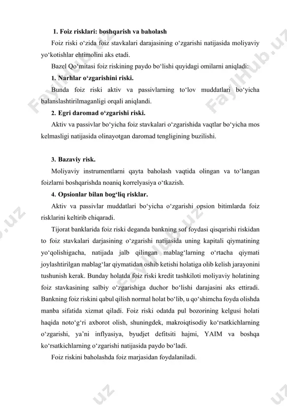 idagi formula orqali aniqlanadi: мҳақ = х 100% д ф - х ф ад bu erda: mhaq - foiz marjasining haqiqiy hajmi; df - foizli daromad; xf - foiz to‘lovlari bo‘yicha xarajatlar; keltiruvchi aktivlar; ad - foizli daromad keltiruvchi aktivlar; foiz marjasi quyidagi yo‘nalishlarda tahlil qilinadi: · haqiqiy foiz marja bilan uning bazasi bilan solishtirish, natijada foizlar bo‘yicha daromadning o‘sishi yoki kamayishini aniqlash mumkin; · foiz marjaning standartlarga yoki bank qoidalariga mos kelishini nazorat qilish; · qaysi turdagi daromad (xarajat) foiz marjasining o‘zgarishiga ta’sirini aniqlash uchun uning tarkibini tahlil qilish; · boshqaruv qarorlarini qabul qilish uchun foiz marjasining o‘zgarishi chegaralarini aniqlash; foiz marjasining hajmiga ta’sir qiluvchi omillarga kredit qo‘yilmalarining tarkibi va hajmi hamda ularning manbasi, to‘lovlar muddati, foiz stavkalarining foydalanilishi va ularning harakati kiradi. ta’minlangan va yuqori riskli ssudalarni uzoq va qisqa muddatlarda joylashtirish, shuningdek kreditlash hajmi daromad qo‘yilmalarni aniqlaydi. foiz marjasining hajmiga kredit qo‘yilmalari va ularning to‘lov vaqtlari bo‘yicha …