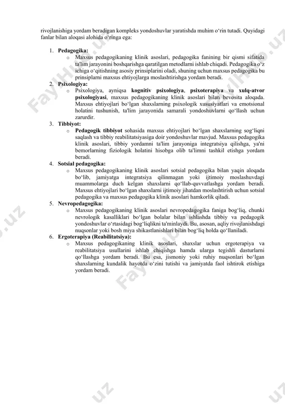 bu fanni o'qish orqali mutaxassislar o'zlarining pedagogik va klinik yondoshuvlarini rivojlantiradi. vazifalari: 1. maxsus ehtiyojlarni aniqlash va baholash: · ushbu fan, maxsus ehtiyojlari bo'lgan shaxslarni aniqlash va diagnostika qilish metodlarini o'rganadi. pedagoglar, psixologlar va tibbiy mutaxassislar tomonidan amalga oshiriladigan baholash jarayonlari shaxsning ehtiyojlarini aniqlash va unga mos yordam berishga imkon yaratadi. 2. maxsus ta'lim dasturlarini ishlab chiqish: · maxsus ehtiyojlari bo'lgan shaxslar uchun pedagogik yondoshuvlar va ta'lim dasturlarini ishlab chiqish. bu jarayonda shaxsning imkoniyatlari va qobiliyatlarini hisobga olgan holda individual ta'lim rejalari, o'quv materiallari va maxsus metodlar yaratish lozim. 3. shaxslar uchun reabilitatsiya dasturlarini ishlab chiqish: · maxsus pedagogika klinik asoslari, reabilitatsiya usullarini o'rgatadi. bu, nogironlik yoki rivojlanish kechikishlari bo'lgan shaxslar uchun tayyorlangan reabilitatsiya dasturlarini o'z ichiga oladi. reabilitatsiya yordamida shaxslar jamiyatga moslashish va mustaqil hayot kechirish imkoniyatiga ega bo'ladi. 4. pedagogik va psixologik yordam ko'rsatish: · fanning vazifalaridan biri, maxsus ehtiyojlari bo'lgan shaxslar uchun pedagogik va psixologik yordamni ta'minlashdir. …