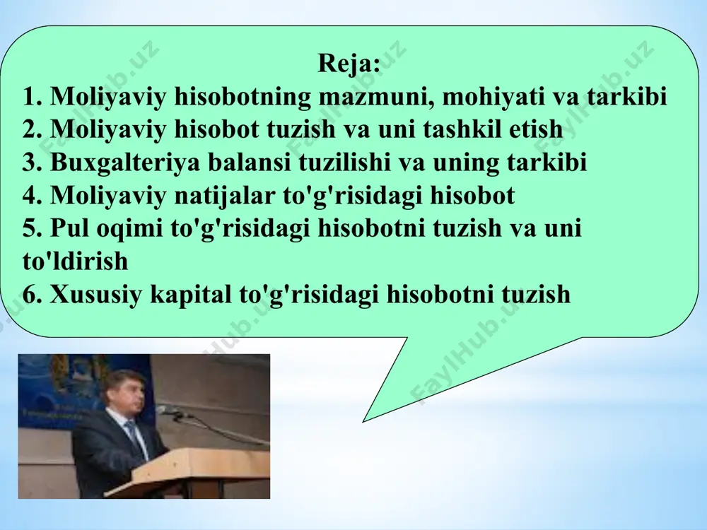 ri - e'lon qilingan dividend buxgalteriya balansi yakuniy umumiy aktivlar = yakuniy umumiy majburiyat- lar + yakuniy umumiy kapital ishonchlilik va ehtiyotkorlik hisoblab yozish va ikkiyoqlama yozuv usuli bilan hisob yuritish tamoyili davomiylik va xo'jalik operasiyalari, aktivlar va passivlarga pul bilan baho berish 1-sonli bxmsga muvofiq moliyaviy hisobot tuzishda quyidagi asosiy tamoyillarga asoslanadi tamoyillar mazmunning shakldan ustunligi va ko'rsatkichlarning qiyosiyligi . muhimlik va to'g'ri hamda beg'araz tasavvur tugallanganlik va izchillik tushunarlilik va axamiyatlilik hisobot davridagi daromadlar va xarajatlarning bir-biriga muvofikligi xolislik va hisob siyosati «bаlаns (frаnsuzchа balance-tоrоzi) – «tеnglik», «tаrоzining ikki pаllаsi» dеgаn mа'nоlаrni bildirаdi. 3 buxgalteriya balansi tuzilishi va uning tarkibi buxgalteriya balansi – muayyan sanaga pulda ifodalangan va xo‘jalik mablag‘larining turlari, tashkil topish manbalari bo‘yicha iqtisodiy guruhlashtirish hamda umumlashtirish usulidir. tuzilish vaqtiga ko‘ra kirish joriy tugatish bo’lish bir-lashtirish buxgalteriya balansining belgilari bo‘yicha tasniflanishi axborot hajmiga ko‘ra mulkchilik shakliga ko‘ra aks ettirish obyektiga ko‘ra tozalash usuliga ko’ra bir martalik …