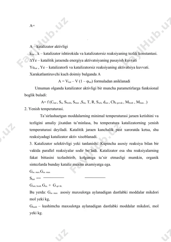 h mumkin. zaxarlanish bu – aktiv sirt yuzida qoplama xosil bo‘lishidir. u quyidagi formula orqali topiladi. ******************* aktivligi butunlay yukoladi. jaraenni davom ettirish uchun yangi katalizator massasi olinadi. yeki zaxarlangan katalizator reginiratsiyalanib, sung jaraenga kaytariladi. (3 - rasm ). vaqt bo‘yicha tezlik konstantasining xolatlari 1 – qaytar zaxarlanish; 2 – qaytmas zaxarlanish; 3 – aktivlikning tiklanish xolati; metall katalizatorlari zaxarlanishiga juda moyil xisoblanadi. ayniksa nodir metallar tez zaxarlanadi. metall oksidlari metallarga karaganda kamrok ta’sirchan buladi. katalizatorlarni zaxarlovchi moddalarga kuyidagilar kiradi: so, so, n2o, ph3, h2s, nh3a1 suv buglari va boshkalar. katalizatorkuyidagiusullardatayerlanadi. 1. gidroksidekikorbanatlarnitashuvchieki (tashuvchisiz) ularningtuzeritmalaridanchukmagatushirilishi. chukmagatushirilgankontakmassaformagakeltirilib, toblanadi. kislota –asoslireaksiyakatalizatorlariyukoridaaytibutilganidekkomponentlarichukmagabirgalikdatushirilibtayerlanadi, masalangellar (alyumosilikatorlar, silikagellar) bilanbirgalikdakoagulyatsiyalanadi. kontakt massa tabletka, granula, donsimon shaklda formalanadi. 2. katalizatorlar aktivator va tashuvchilar bilan boglovchi moddalar kushilib aralashtiriladi. xosil bulgan poroshok presslanadi. 3. bir necha moddalarning (metallar, oksidlar ) suyuklantirilishi, sungra vodorod bilan kaytarilishi (masalan amiak sintezida temir katalizatori), ayrim xollarda metallarning biri ishkorsizlantirilishi. masalan : gidrolashda kullanadigan …