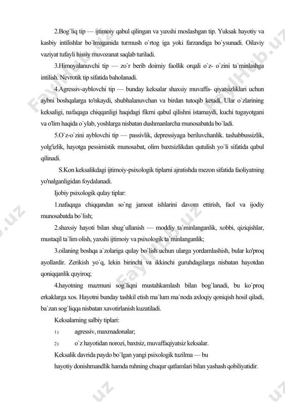 quyiroq; 4.hayotning mazmuni sog`liqni mustahkamlash bilan bog`lanadi, bu ko`proq erkaklarga xos. hayotni bunday tashkil etish ma`lum ma`noda axloqiy qoniqish hosil qiladi, ba`zan sog`liqqa nisbatan xavotirlanish kuzatiladi. keksalarning salbiy tiplari: 1) agressiv, maxmadonalar; 2) o`z hayotidan norozi, baxtsiz, muvaffaqiyatsiz keksalar. keksalik davrida paydo bo`lgan yangi psixologik tuzilma — bu hayotiy donishmandlik hamda ruhning chuqur qatlamlari bilan yashash qobiliyatidir. keksayish davrida bilish jarayonlari kundalik hayotda ko`pchilik qariyalarning aqli ham susayadi, deb hisoblaydi. masalan, yosh yigit qo`ygan narsasini eslay olma​sa, hech kim bunda hech qanday qo`rqinchli narsani ko'rmaydi, lekin bunday e`tiborsizlik qariyalar tomonidan amalga oshirilsa, bunday o`zgarishlarni qarilik o`zgarishlarining namoyon bo`lishi · skleroz deb baholaydi. so`nggi vaqtlarda ilmiy adabiyotlarda normal qarilikda intelle​ktual faoliyatningsusayishi haqidagi qarama-qarshi fikrlar uchraydi. qarilik davrida kognitiv jarayonlarning o`zgarishi muammosini o`rgangan tadqiqotchilarning ta`kidlashicha, ko`pgina aqliy ko`nikmalar nisbatan saqlanib qoladi. bu yosh davrida xotirani keng doirada o`rganish natijalariga ko`ra (perlmutter, adams, barry, kaplan, person & verdonik, 1987) xotiraning susayishi faqat qarilik …