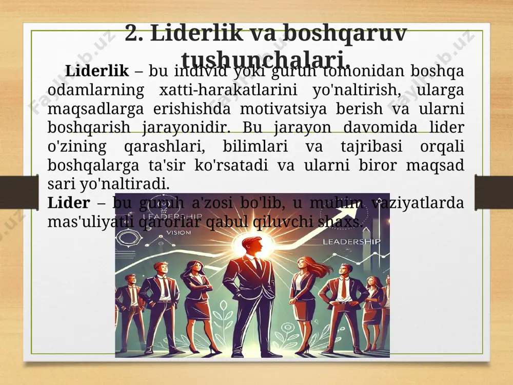 ligi: har bir vaziyat o'ziga xosdir va turli vaziyatlar turli liderlik uslublarini talab qiladi. moslashuvchanlik: samarali liderlar turli vaziyatlarda o'z uslublarini moslashtira oladilar, shuningdek, ular xodimlarning tayyorgarligi, tajribasi va motivatsiyasini inobatga oladilar. eng mashhur situatsion liderlik modeli pol hersey va ken blanchard tomonidan ishlab chiqilgan bo'lib, u liderlikning 4 ta asosiy uslubini tavsiflaydi: buyruq beruvchi (telling) uslub (xodimlar tajribasiz yoki yangi bo'lsa); yo'naltiruvchi (selling) uslub (xodimlar ko'proq qo'llab-quvvatlashga muhtoj bo'lgan hollarda); ishtirokchi (participating) uslub (xodimlar malakali va tajribali bo'lsa, lekin hali to'liq mustaqil qaror qabul qila olmasa); delegatsiya (delegating) uslub (xodimlar tajribali, malakali va o'z ishida o'zini ishonchli his qilganda.). nazariyaning ahamiyati moslashuvchanlikni oshiradi: bu nazariya liderlarga turli vaziyatlarga moslashishda yordam beradi va samaradorlikni oshiradi. xodimlarning rivojlanishini qo'llab-quvvatlaydi: xodimlarning tajribasi va malakasi o'sgan sari, liderlik uslubi ham o'zgaradi, bu esa ularning mustaqillik va javobgarlik darajasini oshiradi. kamchiliklari: situatsion nazariya hamma liderlar ham o'z uslublarini samarali ravishda moslashtira olish qobiliyatiga ega …