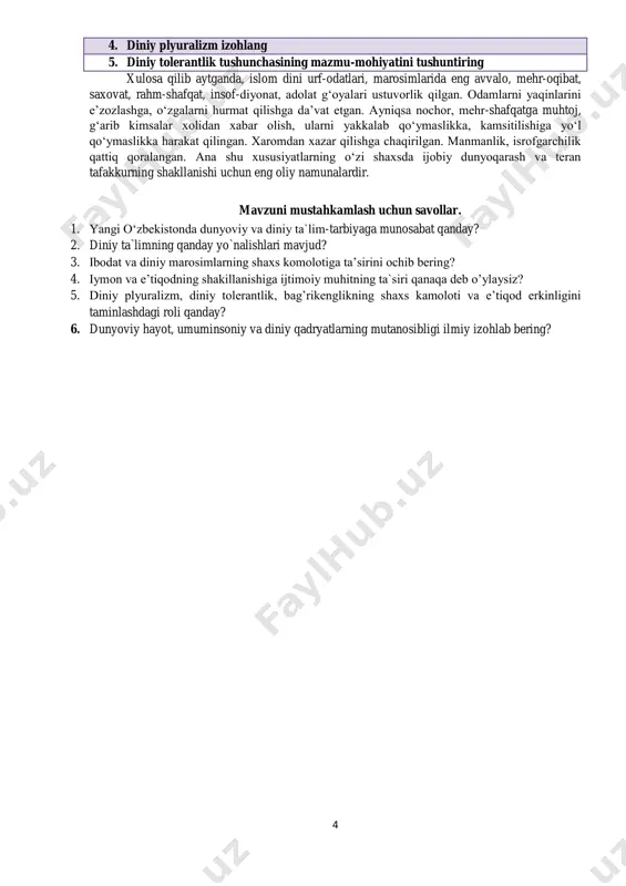 dunyoqarashi va iymon-e’tiqodini kengaytirib borgan. islom marosimlari muayyan demokratik harakterga ega, ya’ni ularga rioya qilishda jamiyatdagi turli tabaqa, sinf va guruh, boylaru kambag‘allar birdek huquqqa va majburiyatga egalar, ammo imkoniyatlar darajasi turlicha. marosimlar: 1. islom marosimlari o‘z mazmuni va mohiyatiga ko‘ra umumbashariy, umummilliy, oilaviy turli mazhab va yo‘nalishga xos bo‘lib, yuqorida ta’kidlanganidek shodiyona yoki marsiyaviy harakterda bo‘ladi. 2. islom marosimlari majburiy, majburiy bo‘lmagan guruhlarga ajraladi: 3 a) majburiy, ya’ni «farz» hisoblangan marosimlarga kalimai shahodat keltirish, namoz o‘qish, ro‘za tutish, zakot to‘lash, hajga borishlar kirib, ular rukn hisoblanadi va arkoni-din deyiladi; b) majburiy bo‘lmagan marosimlar «sunnat» deyiladi, ularga nikoxdan o‘tish, o‘g‘il bolalarni sunnat qildirish (qo‘lini halollash), qurbonlik, mavlud, ashurlik, xatmi-qur’on, vafot etganlarni eslash uchun uch, yetti, yigirma, qirq, yil muddatlarini o‘tkazish va h.k. aqiqa (arabcha – “chaqaloq sochini olish, qurbonlik so‘yish” – musulmon oilalarida yangi tug‘ilgan bolaga ism qo‘yish va “qorin sochi” (bolaning tug‘ilgandagi sochi)ga qaychi urish bilan bog‘liq odat. johiliyat …