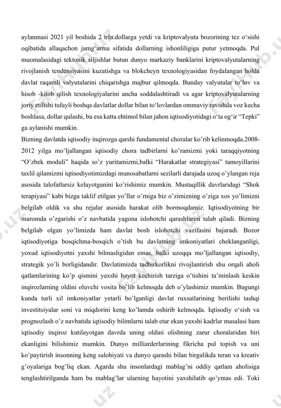 ehtimol bilan jahon iqtisodiyotidagi o‘ta og‘ir “tepki” ga aylanishi mumkin. bizning davlatda iqtisodiy inqirozga qarshi fundamental choralar ko’rib kelinmoqda.2008-2012 yilga mo’ljallangan iqtisodiy chora tadbirlarni ko’ramizmi yoki taraqqiyotning “o’zbek moduli” haqida so’z yuritamizmi,balki “harakatlar strategiyasi” tamoyillarini taxlil qilamizmi iqtisodiyotimizdagi munosabatlarni sezilarli darajada uzoq o’ylangan reja asosida talofatlarsiz kelayotganini ko’rishimiz mumkin. mustaqillik davrlaridagi “shok terapiyasi” kabi bizga taklif etilgan yo’llar o’rniga biz o’zimizning o’ziga xos yo’limizni belgilab oldik va shu rejalar asosida harakat olib bormoqdamiz. iqtisodiyotning bir maromda o’zgarishi o’z navbatida yagona islohotchi qarashlarini talab qiladi. bizning belgilab olgan yo’limizda ham davlat bosh islohotchi vazifasini bajaradi. bozor iqtisodiyotiga bosqichma-bosqich o’tish bu davlatning imkoniyatlari cheklanganligi, yoxud iqtisodiyotni yaxshi bilmasligidan emas, balki uzoqqa mo’ljallangan iqtisodiy, strategik yo’li borligidandir. davlatimizda tadbirkorlikni rivojlantirish shu orqali aholi qatlamlarining ko’p qismini yaxshi hayot kechirish tarziga o’tishini ta’minlash keskin inqirozlarning oldini oluvchi vosita bo’lib kelmoqda deb o’ylashimiz mumkin. bugungi kunda turli xil imkoniyatlar yetarli bo’lganligi davlat ruxsatlarining berilishi tashqi …