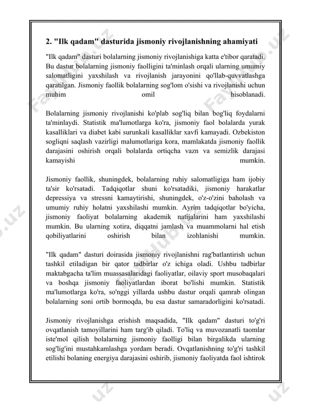 'ni qo'l barmoqlarini nozik tarzda boshqarish kabilar hisoblanadi. 4. maktabgacha ta'lim muassasalarida jismoniy tarbiya mashg'ulotlari haftada 3-5 marta o'tkaziladi, bu mashg'ulotlarning har biri o'rtacha 20-30 daqiqa davom etadi. 5. o'zbekistondagi maktabgacha ta'lim muassasalari davlat ta'lim standartlariga muvofiq, jismoniy tarbiya dasturlarini amalga oshiradi. bu dasturlar bolalarning jismoniy va ruhiy salomatligini yaxshilashga qaratilgan. 6. harakatli o'yinlar maktabgacha yoshdagi bolalar uchun asosiy jismoniy faoliyatining bir qismidir. bu o'yinlar orqali bolalar muvozanat, tezlik, kuch, chaqqonlik kabi jismoniy fazilatlarini rivojlantiradilar. 7. belgilangan me'yorlarga ko'ra, maktabgacha yoshdagi bolalar uchun jismoniy tarbiya mashg'ulotlarida har xil faoliyatlar har 5-10 daqiqada o'zgarib turishi kerak, bu bolalarning diqqatini saqlab qolish uchun muhimdir. 8. maktabgacha ta'lim muassasalarida jismoniy tarbiya mashg'ulotlari bolalarning yosh xususiyatlariga mos ravishda rejalashtirilgan bo'lishi lozim. yoshga qarab mashg'ulotlar murakkabligi va davomiyligi moslashtiriladi. 9. jismoniy tarbiya muassasalari jismoniy mashg'ulotlarni amalga oshirish uchun xavfsiz va mos sharoitlarni ta'minlashi muhimdir. bu yerda xavfsizlik qoidalariga rioya etilishi, zarur sport anjomlari mavjudligi va …