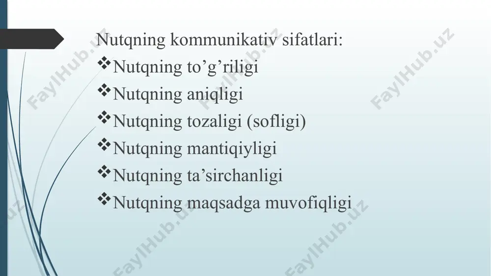 alogik, sheriklik) yoki subyekt - obyektli (monologik) bo’lishi mumkin. nutqning tozaligi nutqning tozaligi deganda, eng avvalo, uning adabiy til me'yoriga muvofiq kelish - kelmasligi tushuniladi. nutqimizning sofligiga, asosan, quyidagilar ta'sir qiladi: nutqning mantiqiyligi takliflar izchil bo'lishi kerak. odatda, odam ma'lum bir mavzu haqida o'z fikrlarini baham ko'radi, lekin keyin boshqa narsani eslab, boshqa mavzularga o'tib ketadi va butunlay boshqa narsa haqida gapira boshlaydi. bunday xatti-harakatlar yomon ta'mga ega. nutqning kommunikativ sifati bo’lmish mantiqiyligi mantiqiy xulosaga bitta mavzuni kiritish, suhbatdoshingizga ovoz berish va keyin ikkinchi mavzuni boshlash kerakligini anglatadi. e’tiboringiz uchun rahmat! image1.png image2.png image3.png image4.png image5.png image6.png /docprops/thumbnail.jpeg