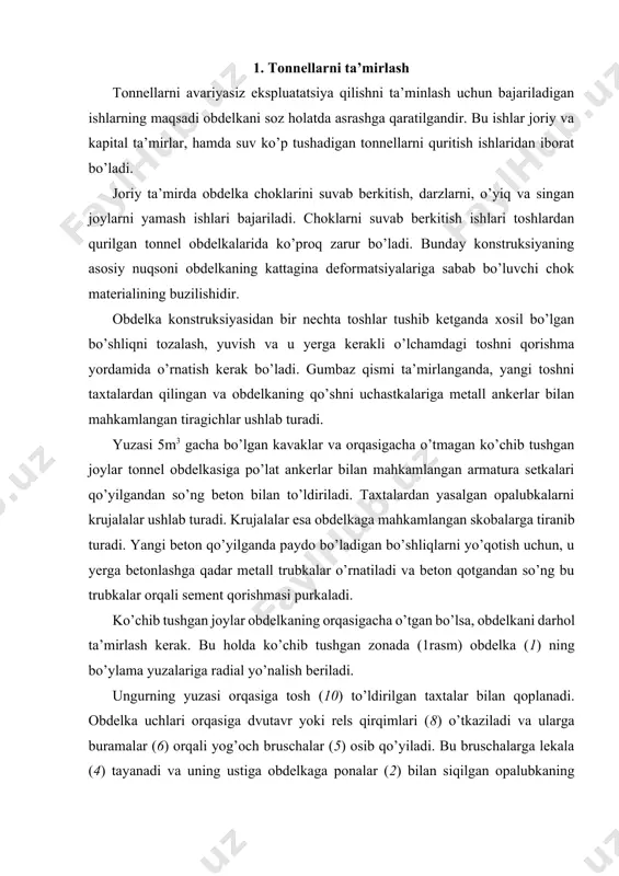 a ularga buramalar (6) orqali yog’och bruschalar (5) osib qo’yiladi. bu bruschalarga lekala (4) tayanadi va uning ustiga obdelkaga ponalar (2) bilan siqilgan opalubkaning taxtalari (3) o’rnatiladi. po’lat truba (ii) ning uzunligi zatyajkaning orqasiga sement qorishmasini purkash uchun yetarli bo’lishi lozim. rasm 1. orqasigacha o’tgan ko’chib tushishda obdelkani qayta tiklash: 1 - obdelka; 2 - ponalar; 3 - opalubka taxtalari; 4 - lekala; 5 - bruschalar; 6 - skrutka; 7 - obdelka yuzasi; 8 - rels; 9 - taxtalar; 10 - tosh to’ldirish; 11 - po’lat truba temir yo’l tonnelining kapital ta’miri maxsus tekshirishdan so’ng temir yo’l boshqarmasining xulosasi asosida o’tkaziladi. kapital ta’mir konstiruksiyaning kuchsizlangan elementlarini kuchaytirish, obdelkaning ba’zi kolsolarini yoki uning ayri elementlarini qaytadan qurish, yangi kameralar va tokchalar qurish kabi ishlarni o’z ichiga oladi. bu ta’mirda tonnelning konstruksiyasini ham, gabaritini ham o’zgartirmaydilar. ishlar joriy ta’mirdagi kabi poyezdlar harakatini to’xtatmasdan olib boriladi. obdelkaning ko’tarish va suv o’tkazmaslik qobiliyatini oshirish …