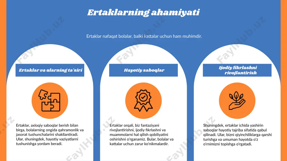 rga ahloqiy saboqlar berish, ularning fantaziyasini rivojlantirishda muhim rol o'ynaydi. ular hayotiy tajribalarni o'rganish va tushunishga yordam beradi. 3. ertaklar va madaniyat: har bir millatning madaniyatini ifodalaydi. ertaklar milliy qadriyatlar va tarixiy voqealarni o'z ichiga oladi, bu esa ularni o'ziga xos qiladi. 4. o'tish darsida foydalaniladigan usullar: o'zaro ta'sir va faol ishtirokni ta'minlash uchun metodlar muhimdir. masalan, guruh ishlari va interaktiv o'yinlar darsni qiziqarli qiladi. 5. zamonaviy yondashuvlar: zamonaviy ta'limda ertaklardan foydalanish, o'qitish metodologiyalaridagi o'zgarishlarni va rivojlanayotgan texnologiyalarni o'z ichiga oladi. ertaklar orqali interaktiv darslar o’tkazish mumkin. 6. ertaklarni o'qitishda qo'llash misollari: o'qitishda ertaklarni qo'llash bo'yicha misollar, masalan, "qizil shapka" ertagi orqali axloqiy saboqlar berish va ijodiy ishlar qilish. bular bolalarga o'rganish jarayonida yordam beradi. q&a image1.png image2.png image3.png image4.png image5.png image21.jpg image6.png image7.png image8.png image22.jpg image23.jpg image24.jpg image18.png image19.png image20.png