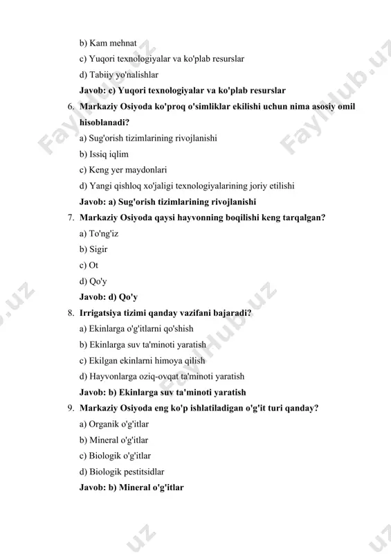 o'jalik texnikalari b) paxta va bug'doy c) mevalar va sabzavotlar d) oziq-ovqat mahsulotlari javob: b) paxta va bug'doy 11. markaziy osiyo davlatlarida qishloq xo'jaligi qanday asosiy iqlim sharoitlarida rivojlanadi? a) tropik b) mo''tadil c) qit'alararo d) quruq va yarim quruq javob: d) quruq va yarim quruq 12. agrotexnologiya nima? a) yangi ekin turlarini o'rganish b) qishloq xo'jalik ekinlari uchun texnologiyalarni ishlab chiqish c) mahsulotlarni sotish strategiyalari d) ekologik himoya choralarini ko'rish javob: b) qishloq xo'jalik ekinlari uchun texnologiyalarni ishlab chiqish 13. markaziy osiyo mintaqasida qaysi ekin hayvonlarga ozuqa sifatida ishlatiladi? a) paxta b) arpa c) olma d) kartoshka javob: b) arpa 14. yerni qayta ishlash jarayonida nimalar amalga oshiriladi? a) yerni ekin ekishga tayyorlash b) yerni faqat hayvonlar uchun qo'llash c) yerning iqlim sharoitini o'zgartirish d) ekinlarni ekologik zararlar bilan qayta ishlash javob: a) yerni ekin ekishga tayyorlash 15. markaziy osiyoda qishloq xo'jaligi mahsulotlari uchun ko'proq qaysi mamlakatlardan talab yuqori? …