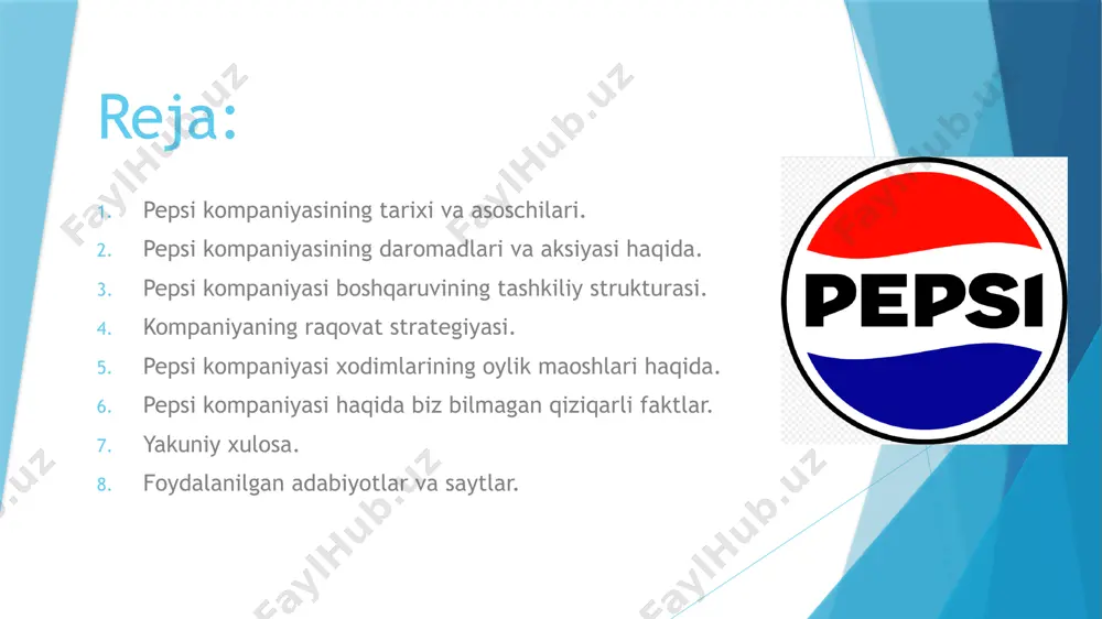 rakda 12,05 milliard dollarlik daromad bo'yicha har bir aksiya uchun 0,94 dollarlik tuzatilgan daromadni e'lon qildi va bu tahlilchilarning gaap bo'lmagan eps bo'yicha 11,98 milliard dollarlik sotish bo'yicha 0,91 dollarlik taxminlaridan oshib ketdi. pepsi osiyo va mena mintaqasidan tashqari barcha korxonalarda pasayish bilan kurashgan bo'lsa-da , xarajatlarni kamaytirish sa'y-harakatlari va narxlash frito lay shimoliy amerika va uning shimoliy amerika ichimliklar bo'limi, firmaning ikkita eng muhim segmenti uchun daromadni oshirishga yordam berdi. ichimliklar hajmi birinchi chorakda bir xil bo'lib qoldi, shimoliy amerika ichimliklar hajmi esa 1 foizga kamaydi. aksiyadorlari. 2018-yil dekabr holatiga koʻra kompaniya 1,412 milliardga yaqin aksiyalarni chiqargan, ularning umumiy qiymati (bozor kapitallashuvi) 157 milliard dollarni tashkil etgan. kompaniyaning 131 mingga yaqin aksiyadorlari bor pepsi kompaniyasi boshqaruvining tashkiliy strukturasi. kaleb bradham (inglizcha: caleb bradham (1866-1934) birinchi pepsi-cola kompaniyasining asoschisi. charlz gut (inglizcha: charles guth (1876–1948) 1931-yildan 1938-yilgacha the pepsi-cola kompaniyasi prezidenti boʻlgan[14]. valter staunton mak jr. (inglizcha: walter staunton mack …