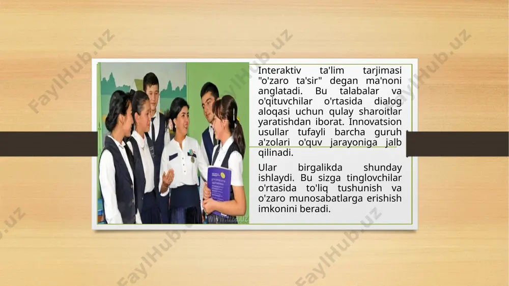 rni bajarishni o&amp;apos;z ichiga oladi. guruhdagi interfaol usullar uchta kichik guruhga bo&amp;apos;linadi: munozarali munozaralar, munozaralar, miya bo&amp;apos;roni, amaliy tadqiqotlar, vaziyatni tahlil qilish, loyihalarni ishlab chiqish; o&amp;apos;yin - biznes, hikoya-o&amp;apos;rni, didaktik va boshqa o&amp;apos;yinlar, intervyular, o&amp;apos;yin o&amp;apos;ynash, sahnalash; interaktiv ta'lim vositalari interaktiv usullarni qo'llash oddiy oddiy ko'rgazmalar, plakatlar, xaritalar, modellar va boshqalar bilan boshlandi. bugungi kunda interaktiv ta'limning zamonaviy texnologiyalari eng so'nggi jihozlarni o'z ichiga oladi: interfaol taxtalar ; planshetlar; kompyuter simulyatorlari; virtual modellar; plazma paneli; noutbuklar va boshqalar. bolalar bog'chasida interfaol ta'lim maktabgacha ta'lim muassasalarida interaktiv texnologiyalar va o'qitish uslublari asosan o'yinlarda qo'llaniladi. maktabgacha tarbiyachi uchun o'yin asosiy faoliyat turi bo'lib, u orqali bolaga uning yoshida kerak bo'lgan hamma narsani o'rgatish mumkin. bolalar bog'chasiga eng mos keladigan voqea-roli o'yinlari bo'lib, ular davomida bolalar faol ravishda va samarali o'rganishadi tajribali tajribalar esda qolarli darajada esga olinadi. o'qitishning interfaol usullari - o'yinlar, muhokamalar, sahna tayyorlash, treninglar, treninglar va hk. - o'qituvchidan maxsus …