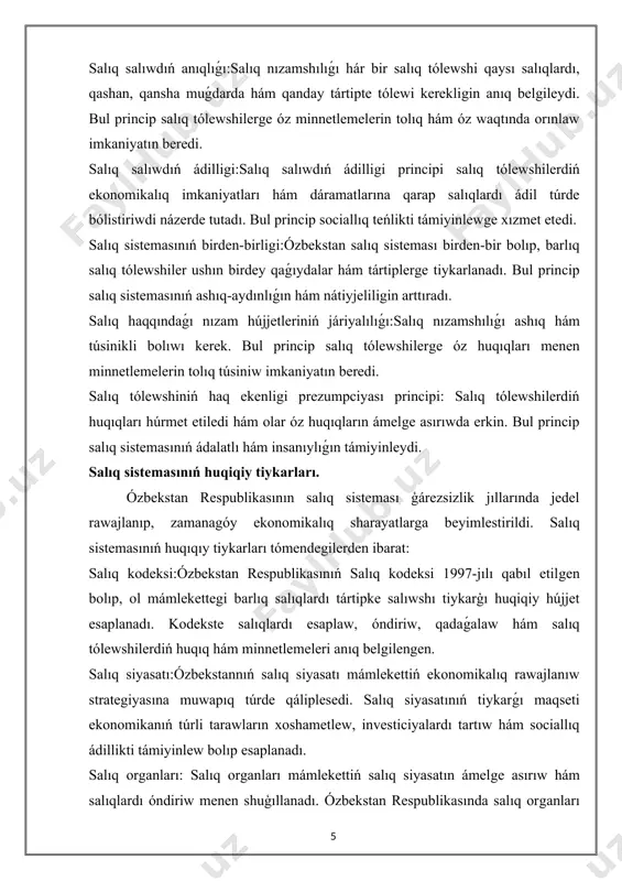 niyatın beredi. salıq tólewshiniń haq ekenligi prezumpciyası principi: salıq tólewshilerdiń huqıqları húrmet etiledi hám olar óz huqıqların ámelge asırıwda erkin. bul princip salıq sistemasınıń ádalatlı hám insanıylıǵın támiyinleydi. salıq sistemasınıń huqiqiy tiykarları. ózbekstan respublikasının salıq sisteması ģárezsizlik jıllarında jedel rawajlanıp, zamanagóy ekonomikalıq sharayatlarga beyimlestirildi. salıq sistemasınıń huqıqıy tiykarları tómendegilerden ibarat: salıq kodeksi:ózbekstan respublikasınıń salıq kodeksi 1997-jılı qabıl etilgen bolıp, ol mámlekettegi barlıq salıqlardı tártipke salıwshı tiykarģı huqiqiy hújjet esaplanadı. kodekste salıqlardı esaplaw, óndiriw, qadaǵalaw hám salıq tólewshilerdiń huqıq hám minnetlemeleri anıq belgilengen. salıq siyasatı:ózbekstannıń salıq siyasatı mámlekettiń ekonomikalıq rawajlanıw strategiyasına muwapıq túrde qáliplesedi. salıq siyasatınıń tiykarǵı maqseti ekonomikanıń túrli tarawların xoshametlew, investiciyalardı tartıw hám sociallıq ádillikti támiyinlew bolıp esaplanadı. salıq organları: salıq organları mámlekettiń salıq siyasatın ámelge asırıw hám salıqlardı óndiriw menen shuģıllanadı. ózbekstan respublikasında salıq organları oraylıq salıq basqarması hám oniń aymaqlıq bólimlerinen ibarat bolıp, olar salıq tólewshilerdiń iskerligin qadaǵalaydı hám salıqlardıń tóleniwin támiyinleydi. salıq jeńillikleri hám preferenciyalar:mámleket ekonomikanıń …