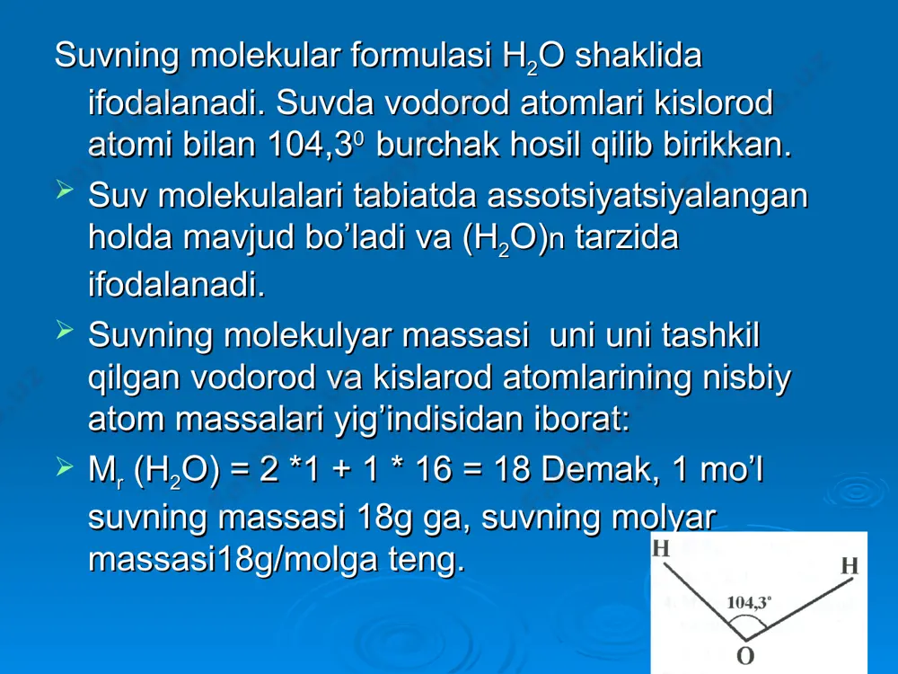 v-qor bo‘lib yana yerga qaytib tushadi) tabiatdagi eng mo‘jizali va mo‘jizakor hodisa — tiriklik ana shu hodisadan boshlanadi, u tufayligina davom etadi. to‘g‘ri, o‘lik suvni ham ichsa bo‘ladi ekin sug‘orish mumkin. ammo ta’siri tirik suv kabi emas. o‘lik suv, nari borsa, kimyoviy tilda aytsak h2o, xolos. jami o‘simlik va dov-daraxtlarning hayoti tirik suv bilan bog‘liq: yer yuzida hayot paydo bo‘lganidan beri tog‘lar, o‘rmonlar, yaylovlarga yomg‘iru qor — tirik suv yog‘adi. jon-jonivorlar ham tirik suvni ichadi. ilgari odamlarning eng ko‘p ichadigani ham choy yoki kofe emas, suv edi tirik suv organizm uchun foydali, ammo o‘lik suv aksar odamlarga to‘g‘ri kelmaydi. bunga ishonch hosil qilish uchun bir misol kifoya: nozikta’b, zakiy odamlar ilgari bir qaynagan suvni yana qaynatib choy damlashni yoqtirmaydi, chunki bu choyning ta’mi aynigan, bemaza. shuning uchun har gal choy suvini yangilaymiz; o‘lik suvni to‘kib tashlab, qumg‘onga tirik suv quyamiz. tabiblarning aytishicha, nafaqat ichish, balki cho‘milish uchun ham tirik suv …