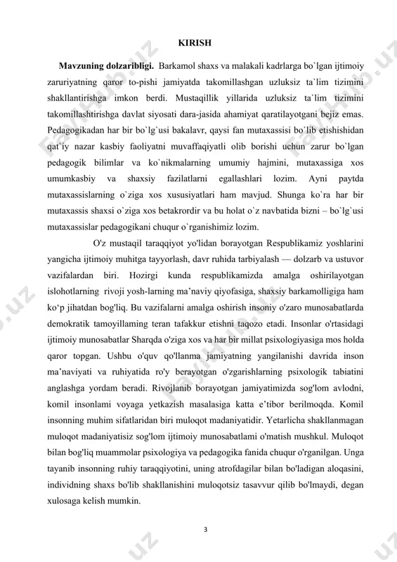 hiyatida ro'y berayotgan o'zgarishlarning psixologik tabiatini anglashga yordam beradi. rivojlanib borayotgan jamiyatimizda sog'lom avlodni, komil insonlami voyaga yetkazish masalasiga katta e’tibor berilmoqda. komil insonning muhim sifatlaridan biri muloqot madaniyatidir. yetarlicha shakllanmagan muloqot madaniyatisiz sog'lom ijtimoiy munosabatlami o'matish mushkul. muloqot bilan bog'liq muammolar psixologiya va pedagogika fanida chuqur o'rganilgan. unga tayanib insonning ruhiy taraqqiyotini, uning atrofdagilar bilan bo'ladigan aloqasini, individning shaxs bo'lib shakllanishini muloqotsiz tasavvur qilib bo'lmaydi, degan xulosaga kelish mumkin. chunki muloqot ham insonning o'ziga xos ehtiyojlaridan biri. insonning go'daklik va o'smirlik davrlarida muloqot yetakchi, ya’ni yangi psixologik xususiyatlarning shakllanishiga bevosita ta’sir ko'rsatuvchi faoliyat sifatida gavdalanadi. o‘zbekiston respublikаsining prezidenti sh.m.mirziyoyev tаshаbbusi bilаn ilgаri surilgаn 2017-2021-yillаrdа o‘zbekiston respublikаsini rivojlаntirishning hаrаkаtlаr strаtegiyаsidа tа’lim vа o‘qitish sifаtini bаholаshning xаlqаro stаndаrtlаrini joriy etish аsosidа oliy tа’lim muаssаsаlаri fаoliyаtining sifаti vа sаmаrаdorligini oshirish, jismonаn sog‘lom, ruhiy vа intellektuаl rivojlаngаn, mustаqil fikrlаydigаn, qаt’iy nuqtаyi nаzаrgа egа, vаtаngа sodiq, yoshlаrni tаrbiyаlаsh, demokrаtik islohotlаrni chuqurlаshtirish vа fuqаrolik jаmiyаtini …