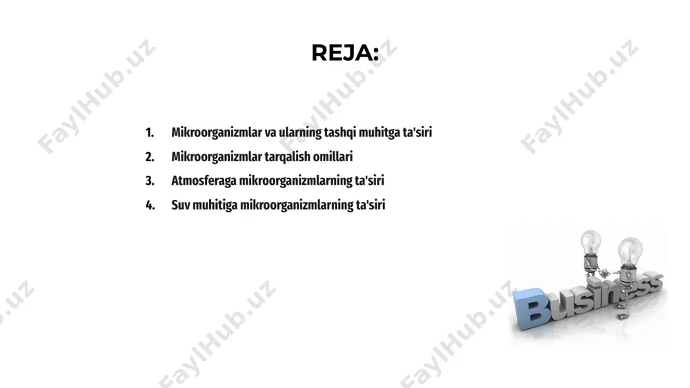 ikroorganizmlar suv muhitiga juda katta ta'sir ko'rsatadi. ular suvdagi organik moddalarni parchalab, suv sifatini o'zgartirishi mumkin. ba'zi mikroblar suvni ifloslantiradi. suv muhitida bakteriyalar, zamburug'lar va viruslar ko'plab biologik jarayonlarni amalga oshiradi. ular ekotizim muvozanatini saqlash yoki buzishda muhim rol o'ynaydi. ba'zi mikroorganizmlar suvda yashab, uning tarkibini yaxshilaydi, boshqalari esa kasallik chaqiruvchi omillar sifatida tabiiy suv manbalarini ifloslantirishi mumkin. tuproqqa mikroorganizmlarning roli 01. mikroorganizmlar tuproqdagi organik moddalarni parchalab, unumdorlikni oshiradi. ular o'simlik ildizlarini oziq moddalar bilan ta'minlab, tuproq strukturasi yaxshilanishiga yordam beradi. tuproqda mikroorganizmlar azotni fiksatsiya qilib, o'simliklar uchun muhim birikmalar hosil qiladi. ular ifloslantiruvchi moddalarni parchalash orqali atrof-muhitni tozalaydi. ba'zi mikroorganizmlar kasallik qo'zg'atuvchilarni bostirishga yordam beradi. ular tuproq unumdorligini oshirib, ekinlarning sog'lom o'sishiga hissa qo'shadi va ekin hosildorligini oshiradi. 02. 03. mikroorganizmlar va o'simliklarga ta'siri mikroorganizmlar o'simliklarning o'sishi va rivojlanishiga ta'sir ko'rsatadi. ular tuproq unumdorligini oshirib, ildiz tizimini mustahkamlashga yordam beradi. ba'zi mikroorganizmlar o'simlik kasalliklariga qarshi kurashishda foydalidir. ba'zi mikroorganizmlar …
