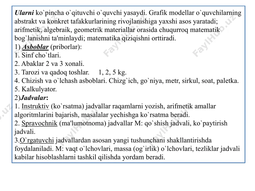 sellofon, polietilen kabi materiallarga rangi siyohlarda yozilgan tasvirlarni ko`rsatadi. kodoskopdan foydalanish uchun bir oz qorong`ulashtirilgan yoki yorug` xonadan ham foydalanish mumkin. tayyorlangan o`quv materiallari kodopozitivlar deb ataladi. o`qituvchi misollar, chizmalar, uy vazifalari namunalarini kodopozitivda tayyorlab, vaqtni bekor ketishini oldin oladi. o`qitish faoliyati – bu turli tabiatli modellar majmunidir. adabiyotlarda model va modellashtirishning har xil ta'riflari berikdi. model deyilganda har qanday tabiatli ob'ekt tushunilib, u o`rganilayotgan ob'ektning o`rnini shunday bosmog’i lozimki, bu ob'ektni o`rganish natijasida o`rganilayotgan ob'ekt haqida yangi informatsiyalar bersin. modellashtirish deb esa shunday yasashlar va ob'ektlar haqida yangi bilimlar olish maqsadida modellarni o`rganishga aytiladi. demak, o`qitish vositalarining ob'ektlar to`plami sifatida xarakterli xususiyati shundan iboratki, ularning har biri: a) o`rganilayotgan tushunchani to`la tasvirlaydi yoki qisman almashtiradi. b) o`rganilayotgan tushuncha haqida yangi informatsiyalar beradi. o`qitish vositalarini asosan 2 sinfga bo`lishi mumkin: ideal modellar va material predmetlari modellari sinflari. ideal modellar: darsliklar, o`quv qo`llanmalar, didaktik materiallar, uslubiy tavsiya nomalar… - material – …