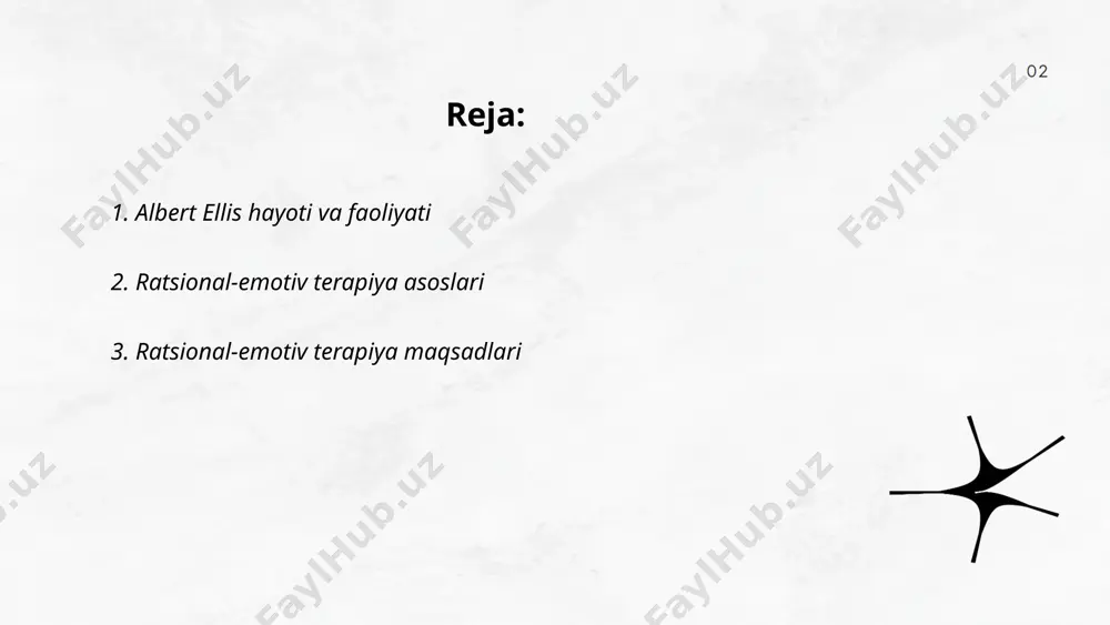 ishlab chiqilgan va kognitiv-emotiv xulq-atvor terapiyasi asosida rivojlangan. ret ning maqsadi odamlarni hissiy va xulq-atvorli muammolariga olib keladigan fikrlarni tan olishga o'rgatishdir. terapiya jarayonida mijozlar "a-b-c" modelidan foydalanadi: a - voqea, b - e'tiqodlar (irratsional fikrlar), c - natijalar (hissiyotlar va xulq-atvor). ushbu jarayon orqali odamlar konstruktiv va ratsional fikrlash usullarini o'zlashtirib, hayotlarida barqarorlik va baxt-saodatga erishishni ko'zlaydi. ... t.me/slaydai_bot irratsional fikrlar — bu mantiqsiz va asoslanmagan fikrlar bo‘lib, ular insonning qaror qabul qilishiga salbiy ta’sir qilishi mumkin. bu fikrlar ko‘pincha hissiy holat va noto‘g‘ri ishonchlar bilan bog‘liq bo‘ladi. irratsional fikrlar, masalan, haddan tashqari umumlashtirish, "hamma narsa yomon bo‘lsa kerak" kabi o‘ylash yoki vaziyatlarni fojealashtirish kabi shakllarda namoyon bo‘lishi mumkin. ularni aniqlash uchun avvalo o‘z fikrlarni kuzatish, yozib borish va keyin mantiqiy tahlil qilish zarur. shuningdek, ushbu fikrlarni mantiqiy alternativalar bilan solishtirish yordam beradi. bu jarayon orqali inson irratsional fikrlarni tanib, ulardan qutilishga harakat qilishi mumkin. ... t.me/slaydai_bot 1. **chuqur …