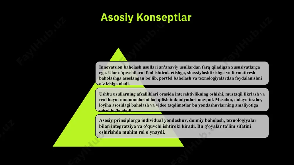 nnovatsion yondashuvlarning ahamiyati shundaki, ular an'anaviy testlardan tashqari, talabalarning amaliy ko'nikmalarini va ijodiy fikrlashini aniqlashga imkon beradi. bu esa o'quv jarayonini yanada samarali va ma'noli qiladi. photo by cash macanaya on unsplash 1 2 3 afzalliklari va muammolari yangi yondashuvlarning afzalliklari yangi baholash yondashuvlari o'quvchilarning motivatsiyasini oshiradi, ular ta'lim jarayoniga faol qatnashishga undaydi. bu usullar ta'lim sifatini yaxshilashga yordam beradi, chunki ular individual yondashuvlarni va kreativlikni rag'batlantiradi. muammolar yangi yondashuvlar uchun resurslar yetishmasligi asosiy muammo bo'lib qolmoqda. shuningdek, o'qituvchilarni yangi metodlarga tayyorlash va ularni amalda qo'llash uchun qo'shimcha o'quv va treninglar zarur, bu moliyaviy va vaqt resurslarini talab qiladi. tahlil va yechimlar muammolarni hal qilish uchun ta'lim siyosatini takomillashtirish, resurslarni kengaytirish va pedagoglarni tayyorlash dasturlarini rivojlantirish muhim. shuningdek, innovatsion texnologiyalarni ta'lim jarayoniga joriy etish orqali muammolarga yechim topish mumkin. yondashuvlar tahlili yangi yondashuvlar tahlili: swot tahlili va o'zaro ta'sirlar swot tahlili – kuchli va zaif tomonlarni aniqlash, imkoniyatlar va tahdidlarni …