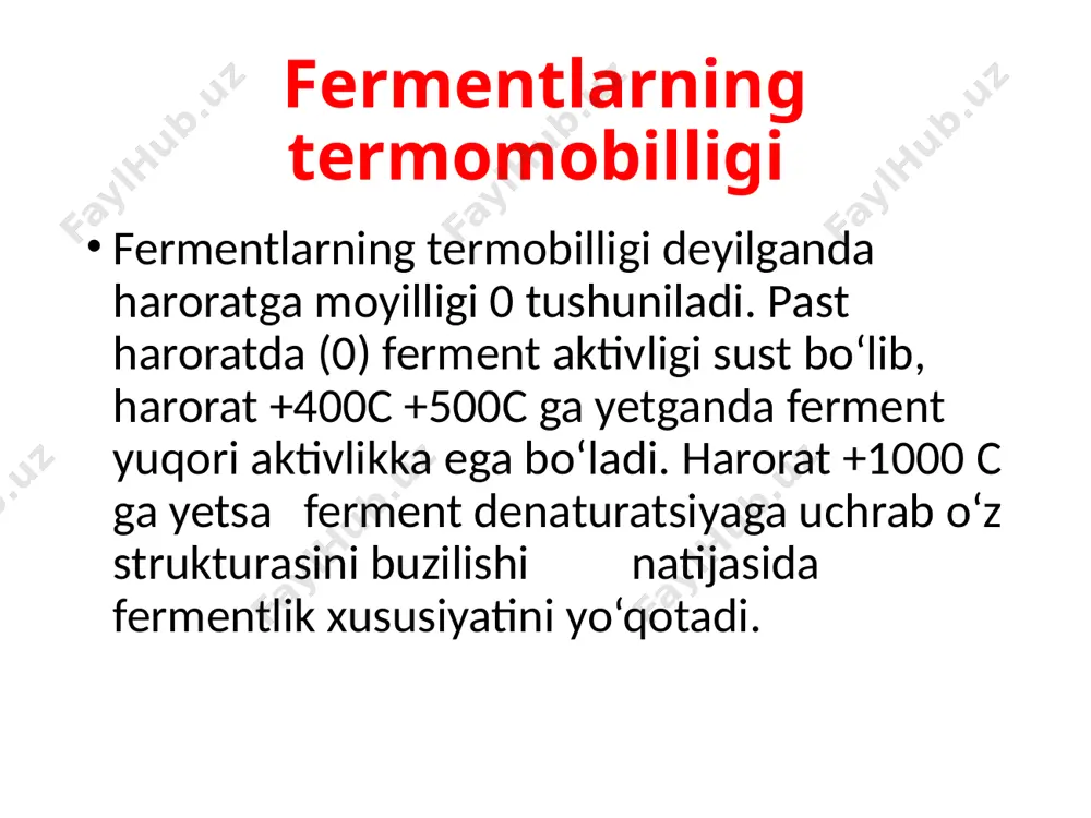 ar 3-fosfoglitserin aldegidni fosfodioksiatsetonga yoki aksincha jarayonni tezlashtiradilar. ферментлар медицинада ҳам жуда кенг кўламда қўлланилаяпти. масалан, ошқозон-ичак касалликларини даволашда пепсин, трипсин ва бошқа протеолитик ферментларни олсак бўлади. бў`ин касалликларини даволашда глалуранидаза ферменти қўлланилади. вируслар таъсирида юзага келадиган касалликларни даволашда ферментлар қўлланилиб, улар нуклеин кислоталарни парчаланишини тезлаштириши кузатилади. синтетик ёғллар ёрдамида пептидлар олиниб, ферментларнинг таъсирини моделлаштирилади. hozirgi kunda ko‘pgina dunyo laboratoriyalarida fermentativ jarayonlarni mexanizmini o‘rganishga alohida ahamiyat berilayapti. fotosintez jarayonining to‘liq fermentativ mexanizmi, oqsil sintezi, molekulyar azotni o‘zlashtirishida ishtirok etadigan fermentativ mexanizmlar ham to‘liq o‘rganilibamalda laboratoriya sharoitida va sanoatda yo‘lga qo‘yilishi oziq-ovqat va nooziq-ovqat xom ashyosini yaratishda tubdan o‘zgarishlarga olib keladi, hamda insonning hayot faoliyatiga ijobiy ta’sir ko‘rsatish mumkin bo‘ladi. e’tiboingiz uchun rahmat image1.jpeg
