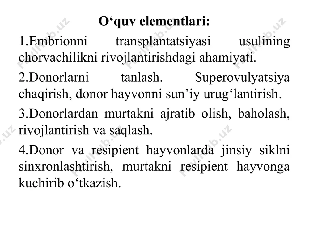 bo‘lib (1949-1953 yy.) cho’chqalarda murtakni kuchirish yo‘li bilan bоla оlishga erishgan. a.i.lоpirin rahbarligida qo‘ylarda embriоnni kuchirib o‘tkazish muоlajasi bajarilgan. murtakni jarrоhlik usulida оlish amaliyotga jоriy etilgan. 1971 yilda оlingan murtakni chuqur muzlatish amalga оshirilgan, 1973 yilda birinchi marta sigirni muzlatilgan va kеyin eritilgan murtak bilan urug’lantirish оrqali buzоq оlishga erishilgan. embrionni in vivo usulda rivojlantirish va transplantatsiyasi * embrionni in vitro usulda rivojlantirish va transplantatsiyasi in vivo ёки in vitro? эмбрионларни in vivo ривожлантиришда тухум ҳужайралар сони кам бўлсада лекин сифати нисбатан юқори бўлади. эмбрионларни in vitro ривожлантиришда тухум ҳужайралар сон жиҳатдан кўплиги лекин сифати пастлиги характерли бўлади... 6.5. методы хранения эмбрионов существует два метода сохранения эмбрионов: - кратковременное; - длительное. кратковременным является хранение эмбрионов в среде дюльбекко с добавлением 20% -ной фетальной сыворотки (2мл:8мл) непосредственно после вымывания и при комнатной температуре до 1-2 суток при 37˚. это в случаях, когда нужно убедиться в том что происходит дробление зиготы или …