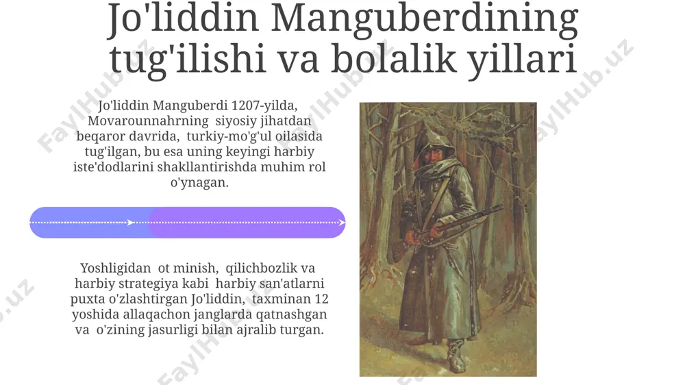 sh uchun mahalliy aholi 50% dan ortiq oziq-ovqat, qurol-yarog' va boshqa resurslar bilan ta'minladi, bu uning uzoq muddatli kurashini ta'minladi. xalqning faol qo'llab-quvvatlashi tufayli jaloliddin manguberdi 2 yildan ortiq mo'g'ullar imperiyasiga qarshi muvaffaqiyatli harbiy operatsiyalarni amalga oshirdi, bu esa uning afsonaviy qahramon sifatida tanilishida muhim omil bo'ldi. manguberdi haqidagi afsonalar va rivoyatlar tarixiy manbalarda tasvirlanmagan, lekin xalq orasida mashhur boʻlgan afsonalardan biri – manguberdining dushmanlarini sehrli qurollar yordamida magʻlub etganligi haqidagi rivoyatdir. jaloluddin manguberdining 1221-yilda moʻgʻullar qoʻshiniga qarshi 7 kun davom etgan qahramonlik janglari haqidagi rivoyatlar, uning qoʻshinlari sonining kamligi va dushmanning ustunligi haqida hikoya qiladi. qarshilikning ahamiyati qarshilik davrida, taxminan 50 000 dan ortiq askar bilan, qo‘shinlarning mudofaa taktikasi va jang maydonini tanlashda geografiyaning ahamiyati muhim rol o‘ynadi. mo‘g‘ullar armiyasiga qarshi ko‘rsatilgan qarshilik natijasida markaziy osiyo hududlarida 10 yildan ortiq davom etgan qonli janglar oldini olishga yordam berdi. e'tiboringiz uchun rahmat @taqdimot_robot image4.jpg image5.jpg image6.jpg image7.jpg image8.jpg image9.jpg image10.jpg …