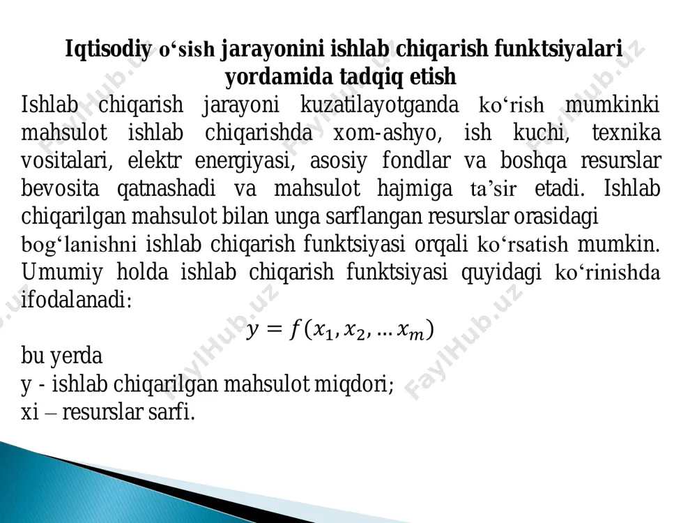 rni topishdan iboratdirki, unda funksiyaning hisoblangan qiymatlari bilan uning haqiqiy qiymatlari o‘rtasidagi farq kvadratlari yig‘indisi eng minimal bo‘lib, quyidagicha ifodalanadi: regressiya tenglamasi to‘g‘ri tanlangan bo‘lsa, bog‘liqlikning nazariy formasi o‘rganilayotgan aloqa qonuniyatlarini juda aniq aks ettiradi. ishlab chiqarish funksiyalarini iqtisodiy va matematik jihatdan o‘rganish funksiyaning mazmuni va shakliga bog‘liq bir qator ko‘rsatkichlarni olish va tahlil qilanadigan va o‘rganilayotgan bog‘liklikning xarakteri to‘g‘risida xulosalar uchun keng imkoniyatlarni taqdim etish imkonini beradi. ishlab chiqarish funksiyasini o‘rganishda ayrim ishlab chiqarish omillarining samaradorligini baholash, bir xil omillarning boshqa omillar o‘rnini bosishi, texnika taraqqiyoti kabi muammolar paydo bo‘ladi. talab va taklifning ekonometrik modellari bozor muvozanati xolatida resurslarning taqsimlanishi samaralimi yoki yo‘qmi, bunda umumiy yutuq maksimal qiymatga erishadimi degan savolga javob axtarish uchun uni tahlil qilamiz. bozor muvozanat xolatida bo‘lganida muvozanat narh bozorda ishtirok etishi mumkin bo‘lgan sotuvchi va xaridorlarni aniqlab beradi. bozorda mahsulotni shunday xaridorlar xarid qiladilar, agarda ular mahsulotni uning bozor narhidan yuqori baholaydilar (talab egri …