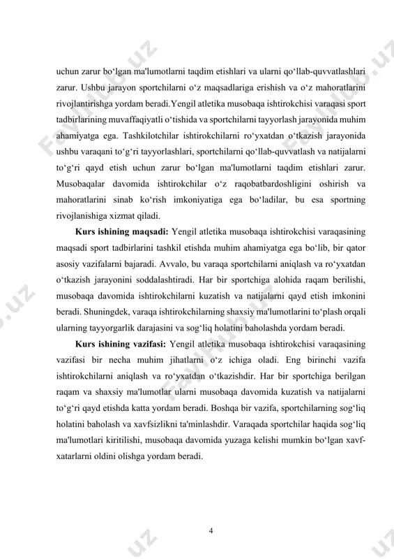 ahamiyatga ega. trenerlar sportchiga ishonch hosil qilish, stressni boshqarish va musobaqalarda yuqori natijalarga erishish uchun zarur bo‘lgan ruhiy tayyorgarlikni o‘rgatishadi. ko‘pincha, musobaqalar oldidan sportchilar psixologik yordamga muhtoj bo‘lishadi, va trenerlar bu holatni bartaraf etish uchun turli usullardan foydalanadilar. trenerlar sportchining ishonchini oshirish, stressni kamaytirish va motivatsiyani kuchaytirish uchun psixologik maslahatlar beradilar. trenerlar ishtirokchilarni musobaqaga tayyorlashda har bir sportchining individual xususiyatlarini hisobga oladilar. har bir sportchi o‘ziga xos va uni tayyorlashda individual yondashuv zarur. trener sportchining jismoniy imkoniyatlari, psixologik holati va sportdagi tajribasini inobatga olgan holda mos trening rejasini tuzadi. yengil atletika turlarining har biri o‘ziga xos texnikalarga ega bo‘lib, trener har bir tur uchun maxsus strategiyalar ishlab chiqadi. bunda, masalan, yugurish, sakrash, to‘p otish yoki shparga otish kabi turlarning har biri o‘ziga xos tayyorgarlikni talab qiladi. trener har bir sportchi uchun eng samarali usullarni tanlab, treninglarni shu asosda tashkil etadi. qo‘llab-quvvatlovchi shaxslar, ya'ni sportchining oilasi, do‘stlari va boshqa yaqinlari ham …