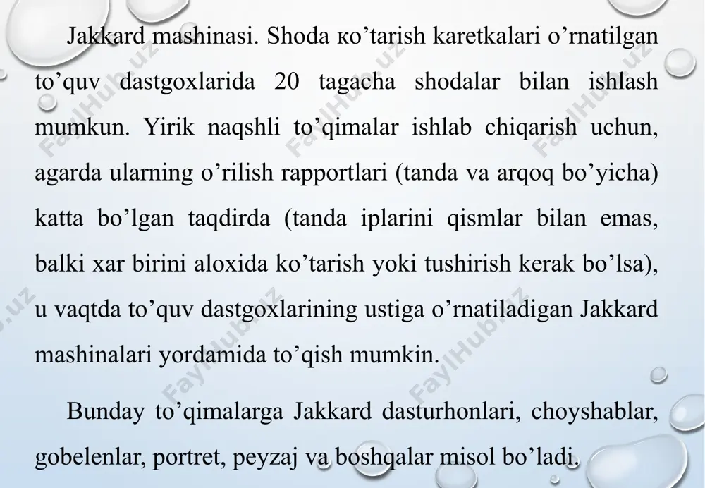 uqori yarim to’liq v. ignalar orasidagi masofaga qarab: a)yirik - 6,5 6,8 mm b) o’rta- 4,6  5,7 mm v) mayda 4  3 mm vi. ilgaklarni soni buyicha: 416 - to’rtyuzli 1320 -un uch yuzli (mashinadagi ilgaklar soni to’qimaning tanda bo’yicha maksimal rapportni belgilaydi). j-13 jakkard mashinasining texnologik sxemasi 1-pichoqli rom, 2-rom taxtasi, 3-rom ipi, 4-rom ilgagi, 5-arkat ipi, 6-taqsimlash taxtasi, 7-gula, 8-tanda iplari, 9-yuk, 9-ignali taxta, 10-yo’naltiruvchi, 11-prizma, 12-karton, 13-ignalar, 14-tayanch taxtasi. j-13 jakkard mashinasini ko’tarib-tushirish mexanizmi 1-bosh val, 2-disk, 3-barmoq, 4-tortqi, 5-3 elkali richag, 6-tortqi, 7-pichoqli rom, 8-romli taxta. image2.png image3.png image4.jpeg image5.png image6.png image1.png /docprops/thumbnail.jpeg