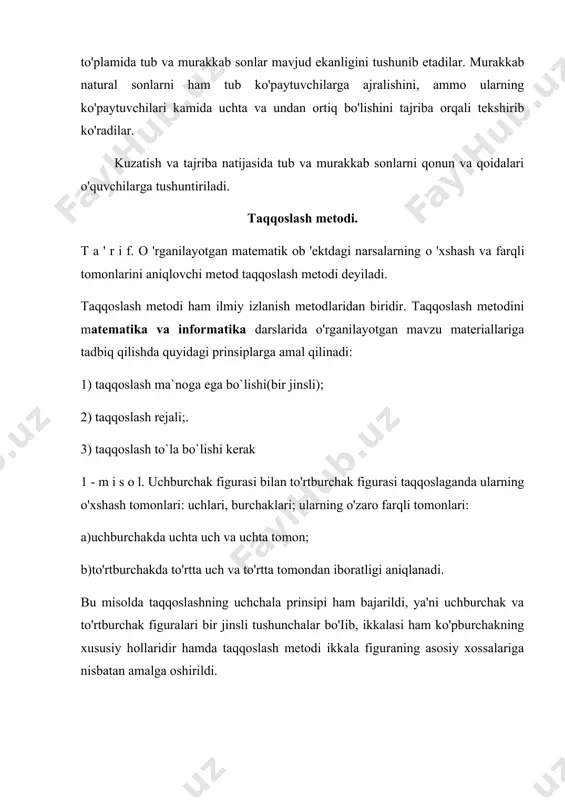 tomon izlash metodi analiz deyiladi. analiz metodi orqali fikrlashda o'quvchi quyidagi savolga javob berishi kerak: "izlanayotgan noma'lumni topish uchun nimalarni bilish kerak?" analiz metodini psixologlar bunday ta'riflaydilar: "butunlardan bo'laklarga tomon izlash metodi analizdir” deyiladi". fikrlashning analiz usulida har bir qadamning o'z asosi bor bo'ladi, ya'ni har bir bosqich bizga ilgaridan ma'lum bo'lgan qoida-larga asoslanadi. fikrlarimizning dalili sifatida quyidagi teoremani analiz metodi bilan isbot kilamiz. teorema. ikki son yig'indisining o`rta arifmetigi shu sonlar о 'rta geometrigidan kichik emas. isboti. ta'rif. ma`lumlardan noma 'lumlarga tomon izlash metodi sintez deyiladi. sintez metodida fikrlashning bir bosqchidan ikkinchi bosqichiga o'tish go'yoki ko'r-ko'rona bo'ladi, bu o'tishlar o'quvchiga noaniqroq bo'ladi. sintez metodida biz berilganlarga asoslanib nimalarni topa olamiz, degan savolga javob beramiz. yukoridagi teoremani sintez metodi orqali isbot qilaylik. yuqoridagilardan ko'rinadiki, analiz sintez metodiga nisbatan ancha qulay metod ekan, chunki bunda oquvchilar o'z mulohazalarni mustaqil ravishda asoslab isbotlashga doir misoi va masalalami yechishlariga yordam beradi. umuman olganda, …