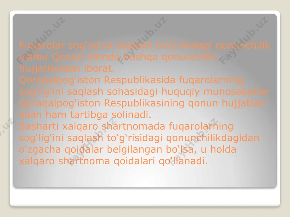 sifatida muhrlashga, xalqparvar davlat barpo etishga, inson huquqlarining himoyasi va ijtimoiy muhofazasini kuchaytirishga, yoshlarning huquq va manfaatlarini toʻla taʼminlashga qaratilgan. konstitutsiyaviy islohotlar keng qamrovli boʻlib, ulardan eng eʼtiborlisi sifatli va malakali tibbiy xizmatni tashkil etish masalasi konstitutsiyaviy darajada mustahkamlab qoʻyish bilan bogʻliq. loyihaga koʻra, konstitutsiyamizning 40-moddasiga sogʻliqni saqlashga oid quyidagicha normalar qoʻshilyapti: 40-modda. har kim bevosita o‘zi va boshqalar bilan birgalikda davlat organlariga hamda tashkilotlariga, fuqarolarning o‘zini o‘zi boshqarish organlariga, mansabdor shaxslarga yoki xalq vakillariga arizalar, takliflar va shikoyatlar bilan murojaat qilish huquqiga ega. arizalar, takliflar va shikoyatlar qonunda belgilangan tartibda va muddatlarda ko‘rib chiqilishi shart oʻzbekiston respublikasi fuqarolari tibbiy yordamning qonunda belgilangan hamda tez va shoshilinch tibbiy yordamni ham oʻz ichiga oladigan kafolatlangan hajmini bepul olishga haqli. davlat sogʻliqni saqlashning davlat, xususiy va boshqa tizimlarini rivojlantirish, sanitariya-epidemiologik osoyishtalikni taʼminlash, tibbiy sugʻurtaning turli shakllarini rivojlantirish uchun shart-sharoitlar yaratish boʻyicha zarur choralar koʻradi. davlat barqaror rivojlanish prinsipiga muvofiq atrof-muhitni yaxshilash, tiklash …