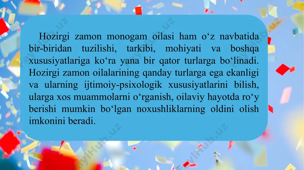zolarini muayyan yaxshi urf-odatlar, muomala maromlari doirasida birlashtirishga qodir bo`lgandagina mustahkam va baxtiyor bo`ladi. jinsiy-hirsiy muloqot funktsiyasi – er va xotin o`rtasidagi ikkalasigagina taalluqli bo`lgan seksual ehtiyojlarni qondirish, shu orqali avlodlar bardavomligini ta’minlashga xizmat qiladi. ushbu funktsiyaning bajarilishi er-xotin munosabatlariga bevosita ta’sir qiladi, ularning bir-birlariga vafo-sadoqatda bo`lishlarini, salomatliklari va to`g’ri turmush tarzini barqaror etishlariga xizmat qiladi. baxt va tinchlik-xotirjamlikni barqarorlashtirish funktsiyasi ham o`ta muhim bo`lib, aynan oila har bir a’zosining muammolarini yechish, uni tashqi turli ta’sirotlardan himoyalash, kerak bo`lsa, unda himoya immunitetini shakllantirishga yordam beradi. reproduktiv funktsiya – bu oilaning nafaqat avlodlar, vorislarni yaratishga aloqador vazifasi, balki, shu orqali ota va ona bo`lishdek baxtga muyassar bo`lish, davlatning esa tub aholi sonini muayyan miqdorda ushlab turishiga ham xizmat qiladi. ayniqsa, o`zbeklarda nikohning dastlabki onlaridanoq, “uvali-juvali bo`linglar, qo`sha qaringlar” deb duo qilinadi va kelinchakning homilador bo`lishi intiqlik bilan kutiladi. chunki aynan shu omil yosh oilaning mustahkamligida katta ahamiyatga molik bo`ladi. tarbiya va …