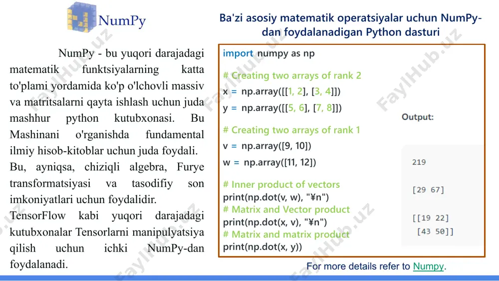 ydalanadigan python dasturi tensorflow - bu google'dagi google brain jamoasi tomonidan ishlab chiqilgan yuqori samarali raqamli hisoblash uchun juda mashhur ochiq manbali kutubxona. nomidan ko'rinib turibdiki, tensorflow - bu tensorlarni o'z ichiga olgan hisob-kitoblarni aniqlash va ishga tushirishni o'z ichiga olgan ramka. u bir nechta ai ilovalarini ishlab chiqish uchun ishlatilishi mumkin bo'lgan chuqur neyron tarmoqlarni o'rgatishi va ishga tushirishi mumkin. tensorflow chuqur o'rganish tadqiqot va qo'llash sohasida keng qo'llaniladi. import tensorflow as tf x1 = tf.constant([1, 2, 3, 4]) x2 = tf.constant([5, 6, 7, 8]) result = tf.multiply(x1, x2) # initialize the session sess = tf.session() print (sess.run(result)) sess.close() ikki massivni ko'paytirish uchun tensorflow-dan foydalanadigan python dasturi - ma'lumotlarni qidirish, birlashtirish va filtrlash uchun ko'plab o'rnatilgan usullarni taqdim etadi. keras python uchun juda mashhur machine learning kutubxonasidir. bu tensorflow, cntk yoki theano ustida ishlashga qodir yuqori darajadagi neyron tarmoqlar api. u protsessorda ham, gpuda ham muammosiz ishlashi mumkin. keras …